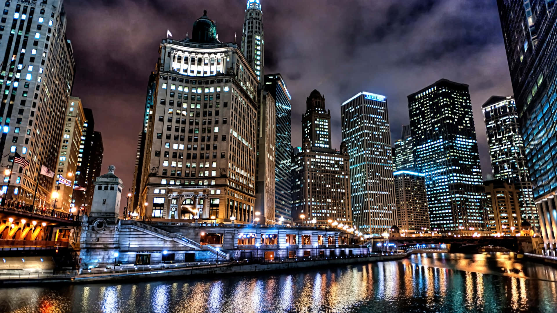 Chicago skyline, nighttime cityscape, illuminated skyscrapers, Full HD Desktop Wallpaper