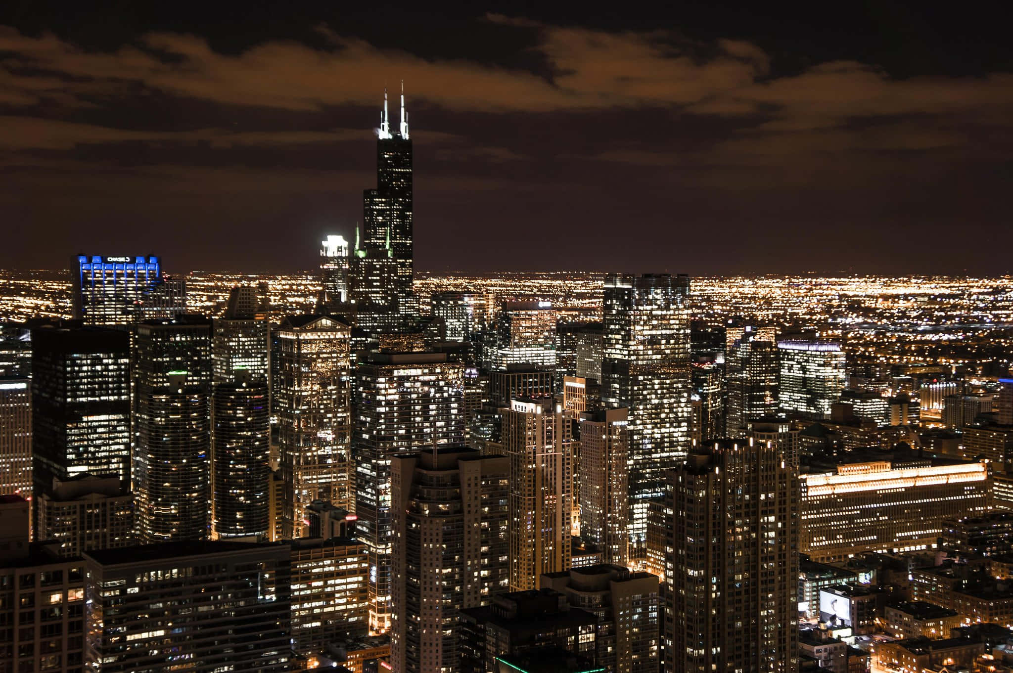 Chicago City Night, skyscrapers, dark cloudy sky, Full HD Desktop Wallpaper