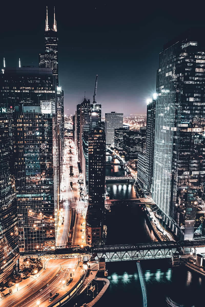 Chicago City Night, aerial night view, towering skyscrapers, SD Phone Wallpaper