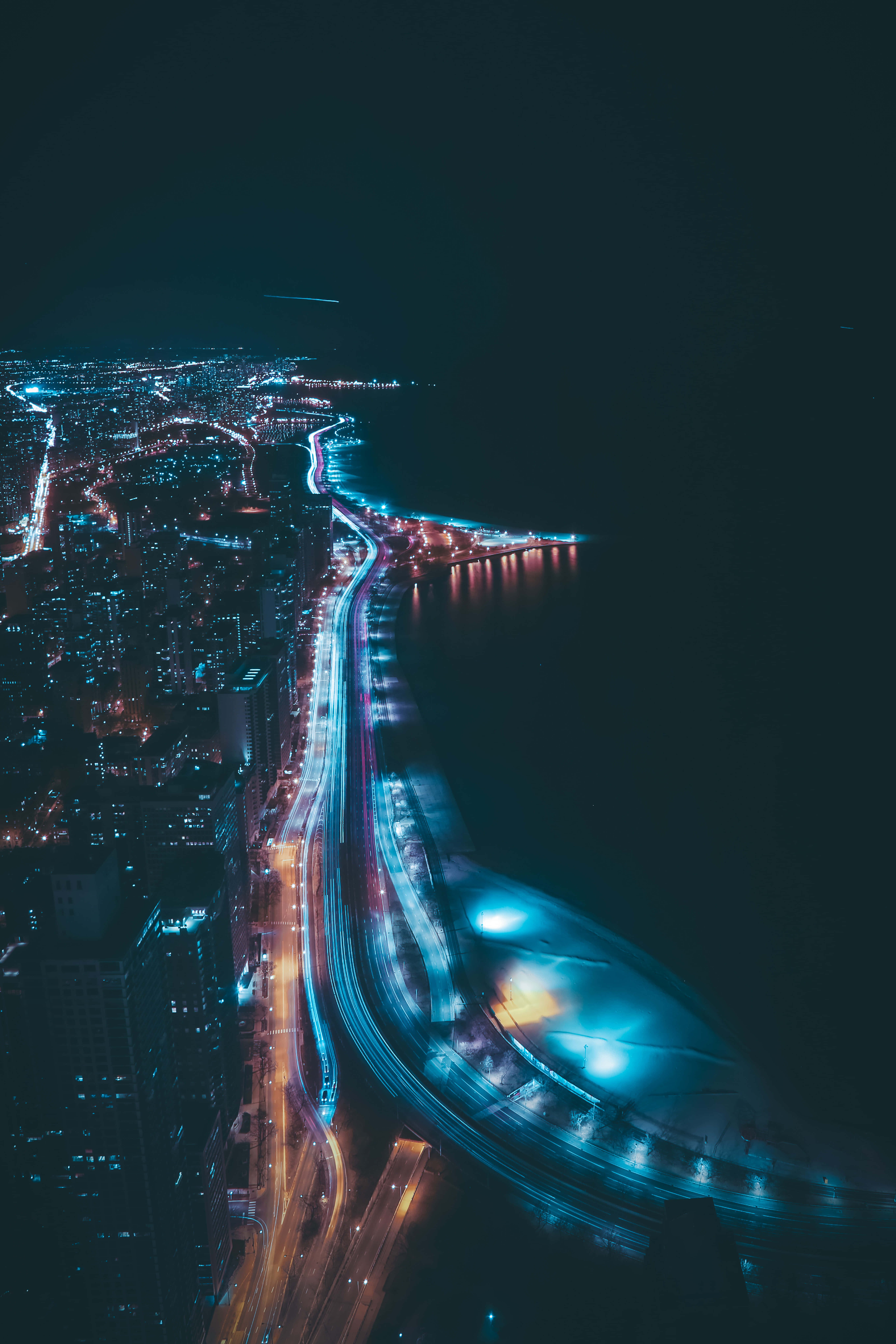 Chicago City Night, blue sky, traffic, 8K Phone Wallpaper