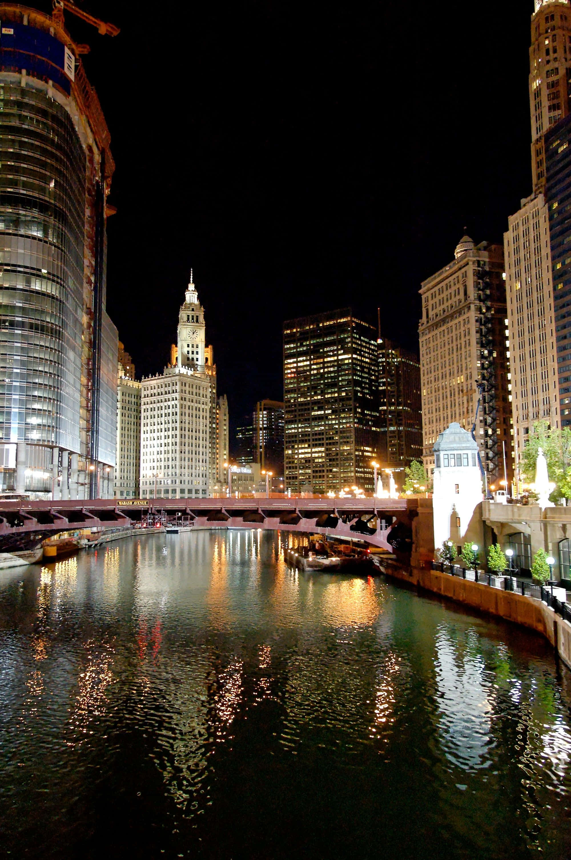 Chicago City Night, Chicago, river, 2K Phone Wallpaper