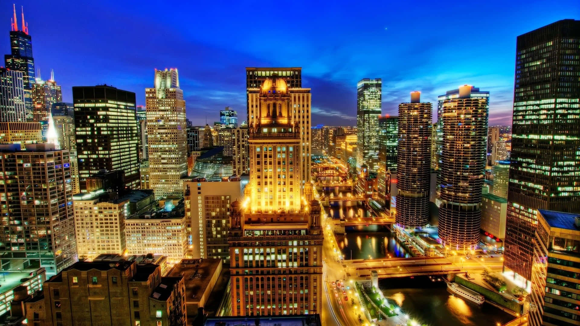 Chicago City Night, twilight, towering skyscrapers, Full HD Desktop Wallpaper