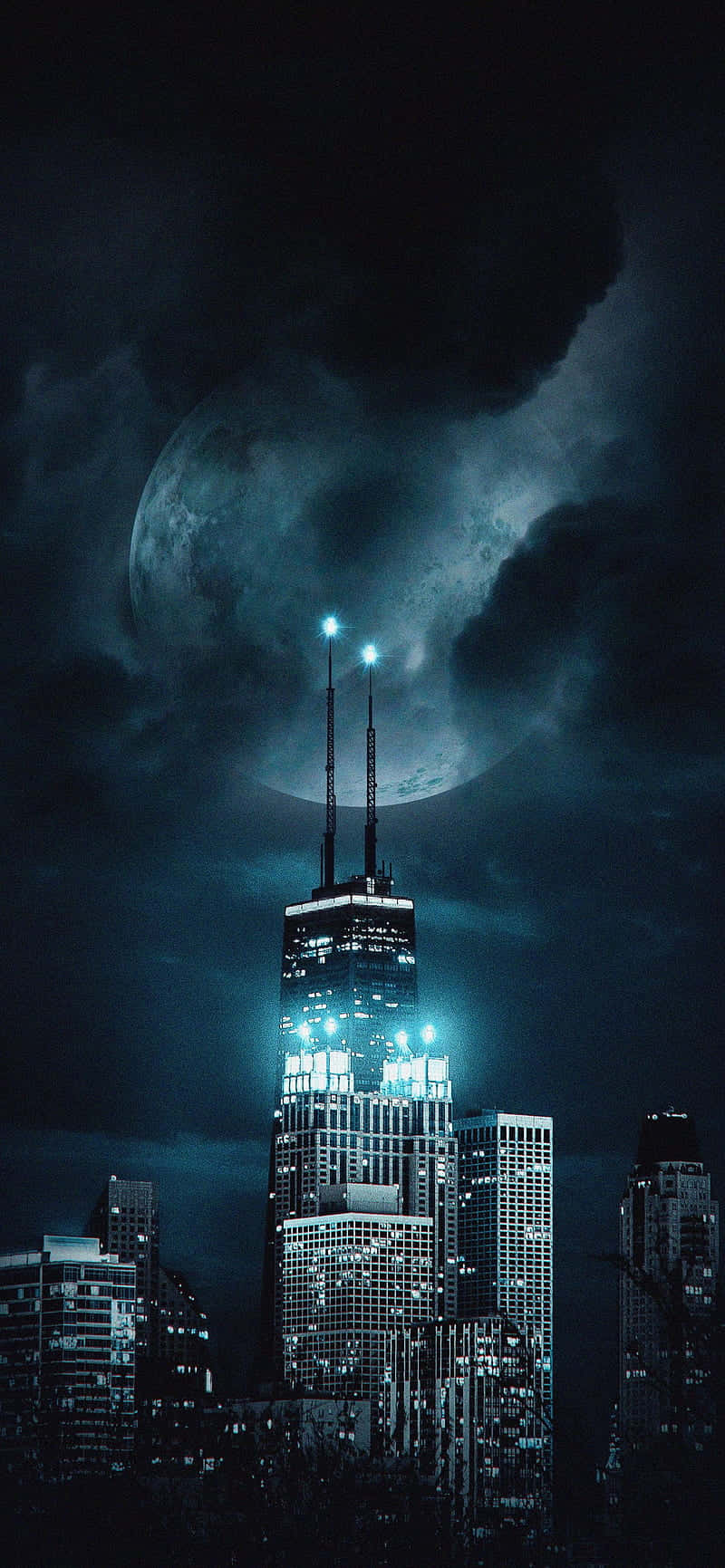 Chicago City Night, moon, blue lights, HD Phone Wallpaper