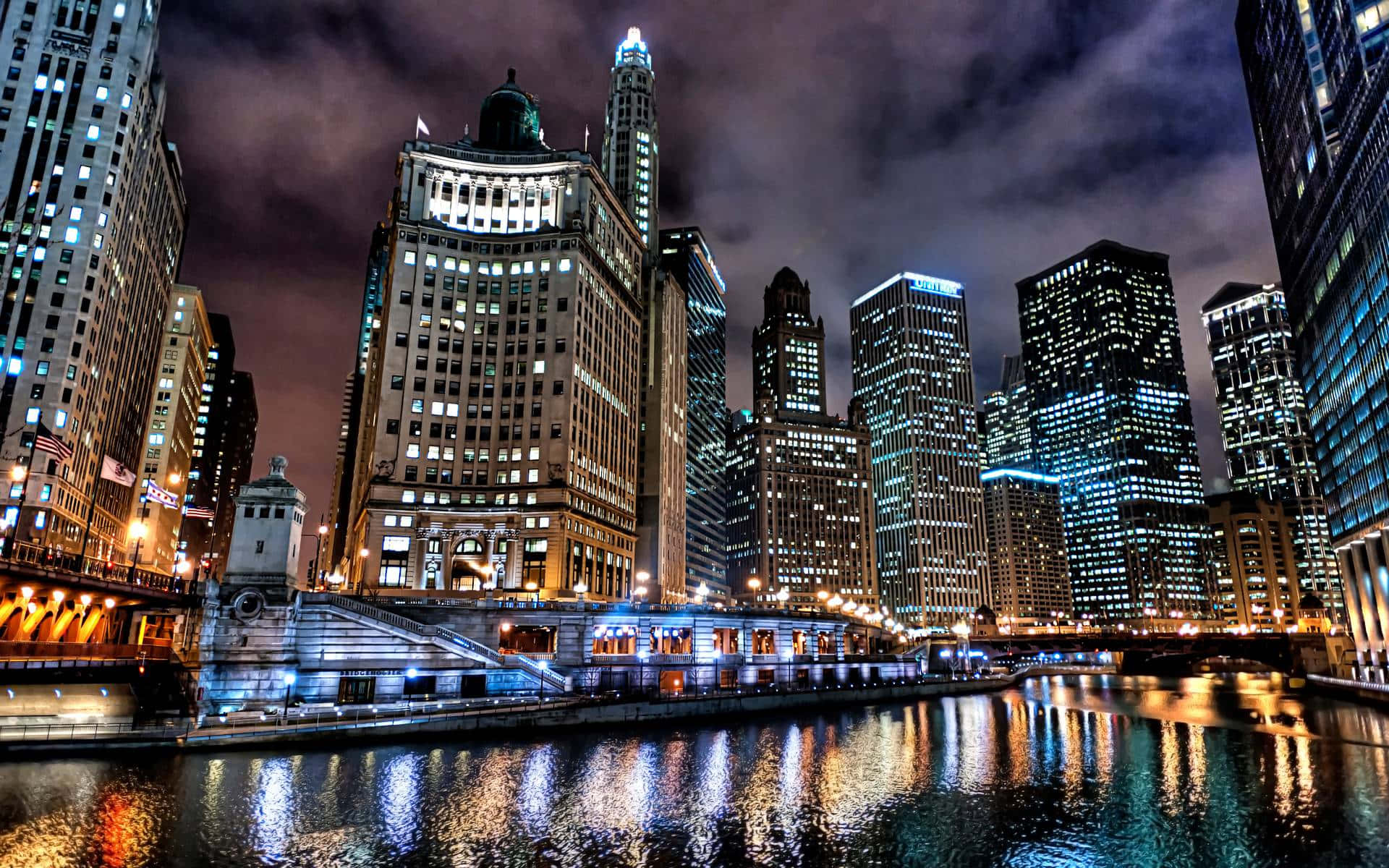 Chicago City Night, river, skyscrapers, Full HD Desktop Wallpaper