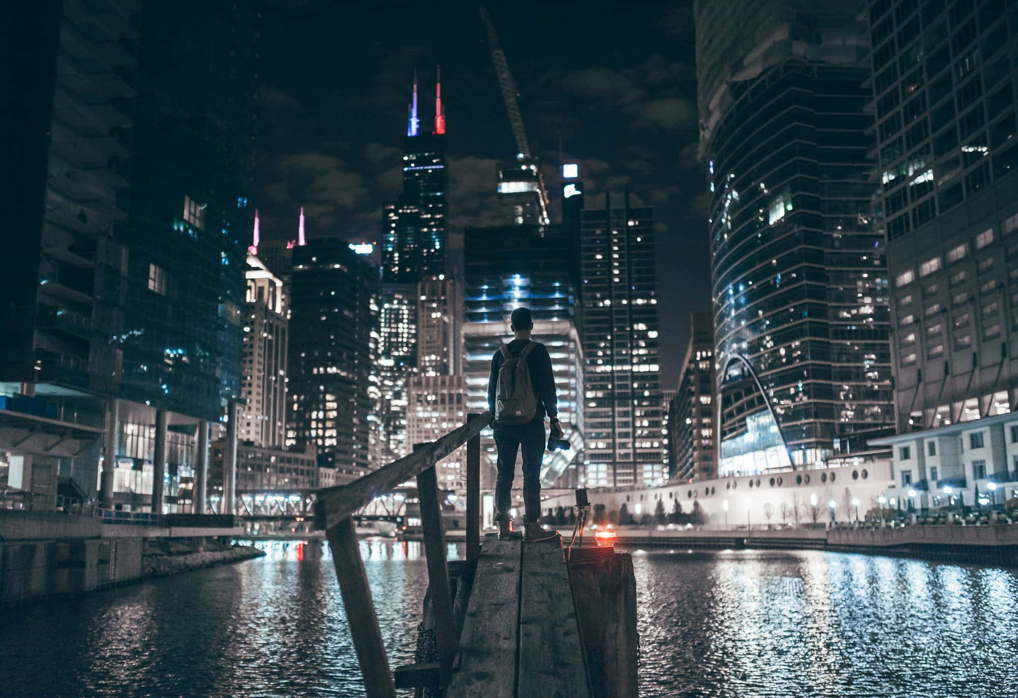 Chicago City Night, pier, skyscrapers, Full HD Desktop Wallpaper