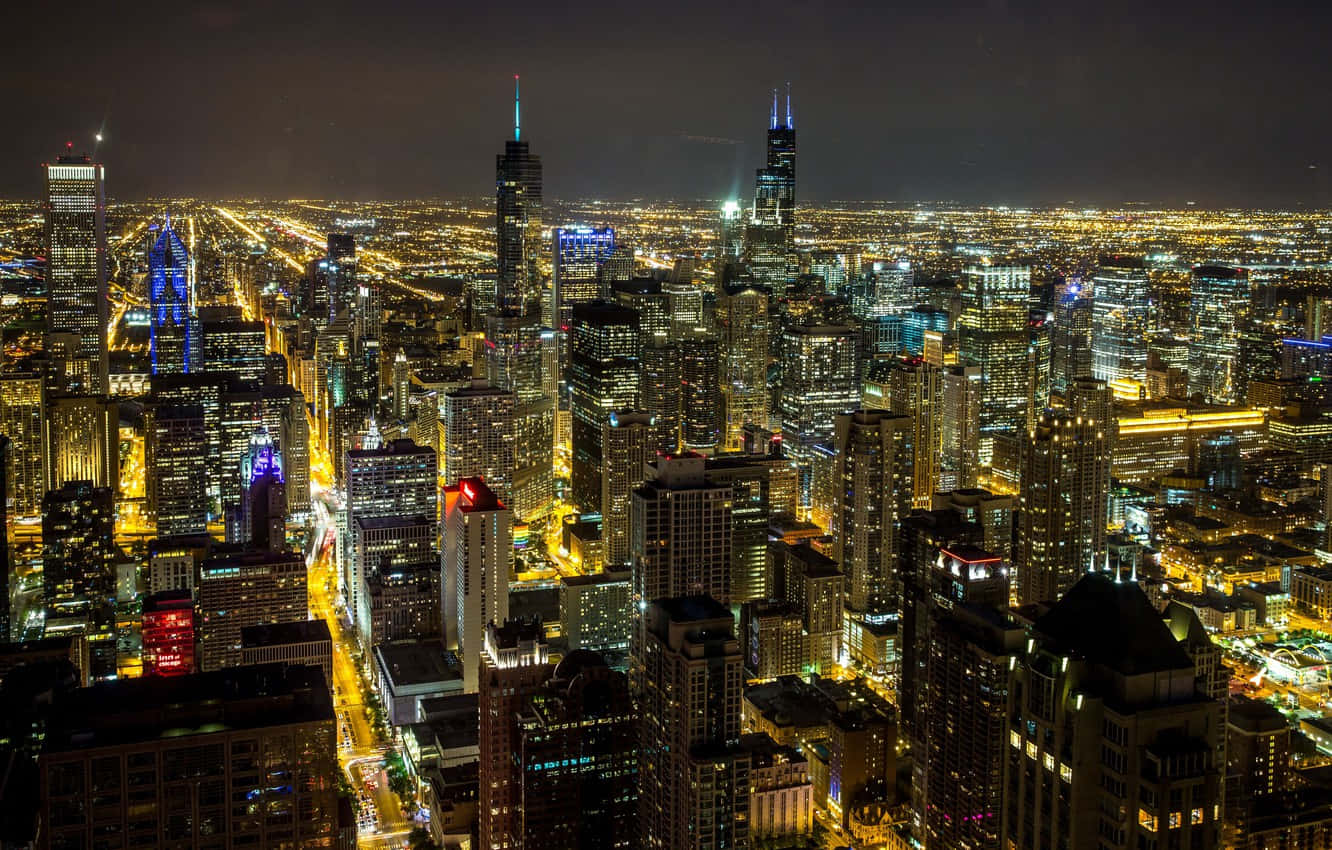 Chicago City Night, aerial night view, sprawling cityscape, HD Desktop Wallpaper