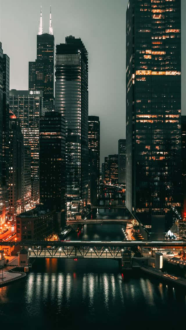 Chicago City Night, skyscrapers, warm lights, SD Phone Wallpaper