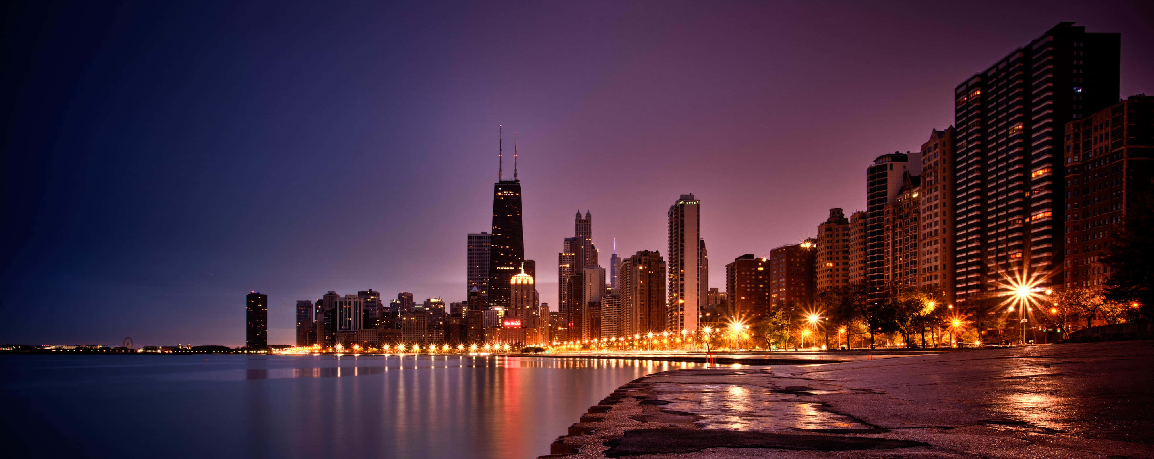 Chicago skyline, twilight, glowing skyscrapers, 4K Desktop Wallpaper