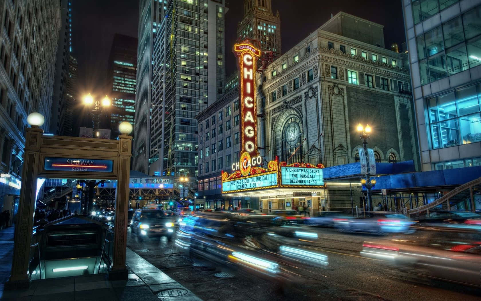 Chicago City Night, neon lights, theater, HD Desktop Wallpaper