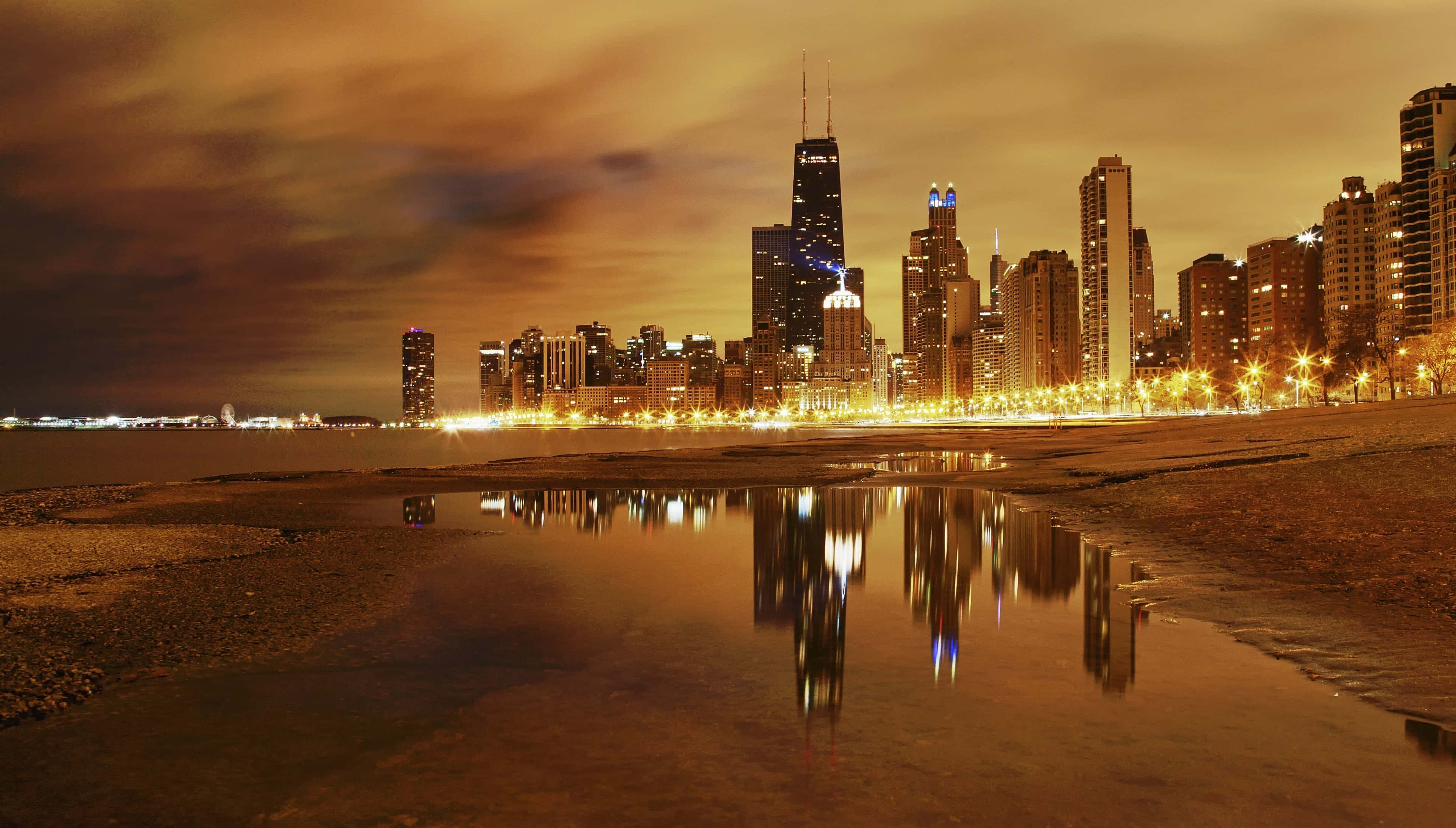 Chicago skyline, night, puddle, 4K Desktop Wallpaper