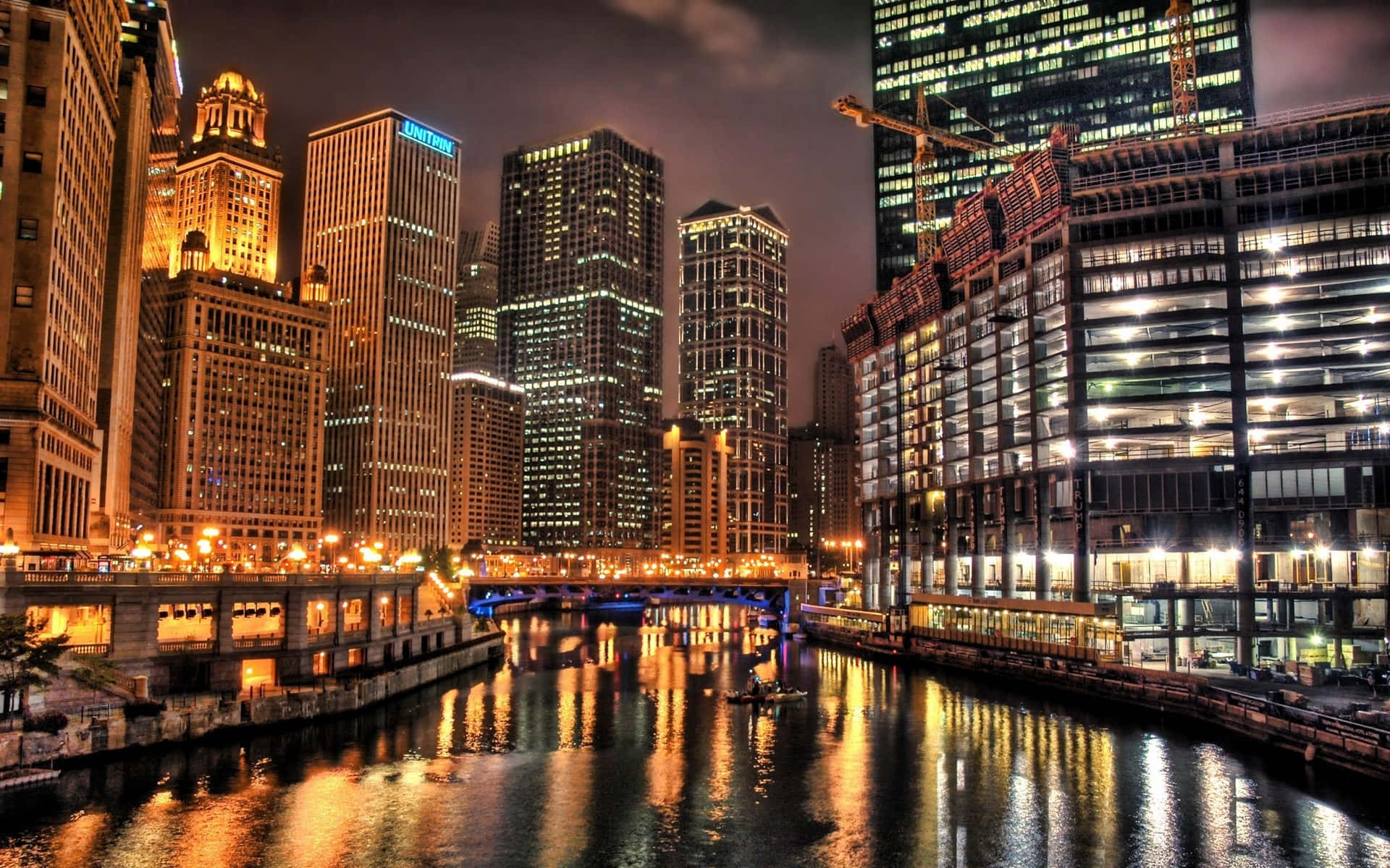 Chicago City Night, skyscrapers, golden lights, Full HD Desktop Wallpaper