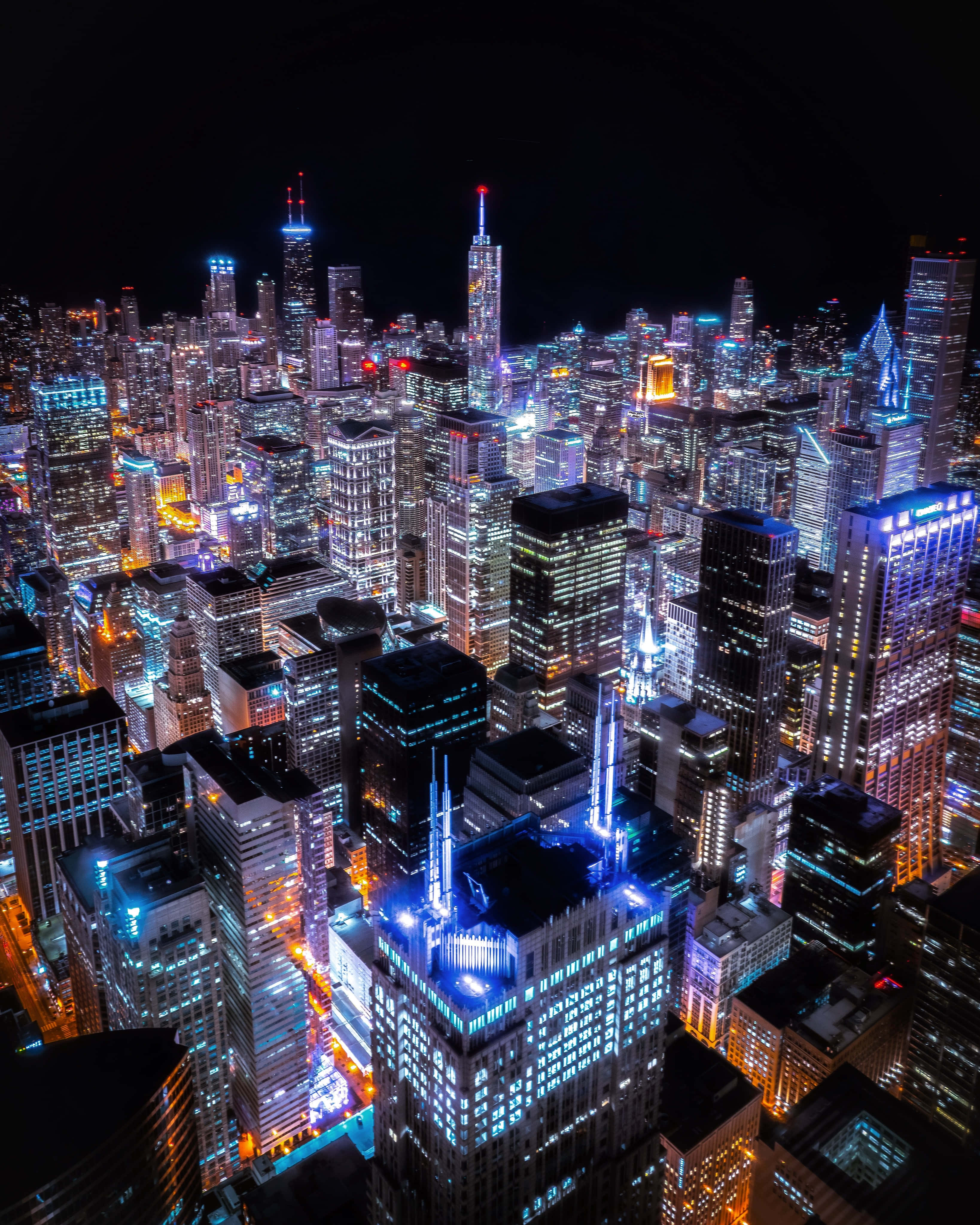 Chicago skyline, nighttime cityscape, towering skyscrapers, 4K Phone Wallpaper