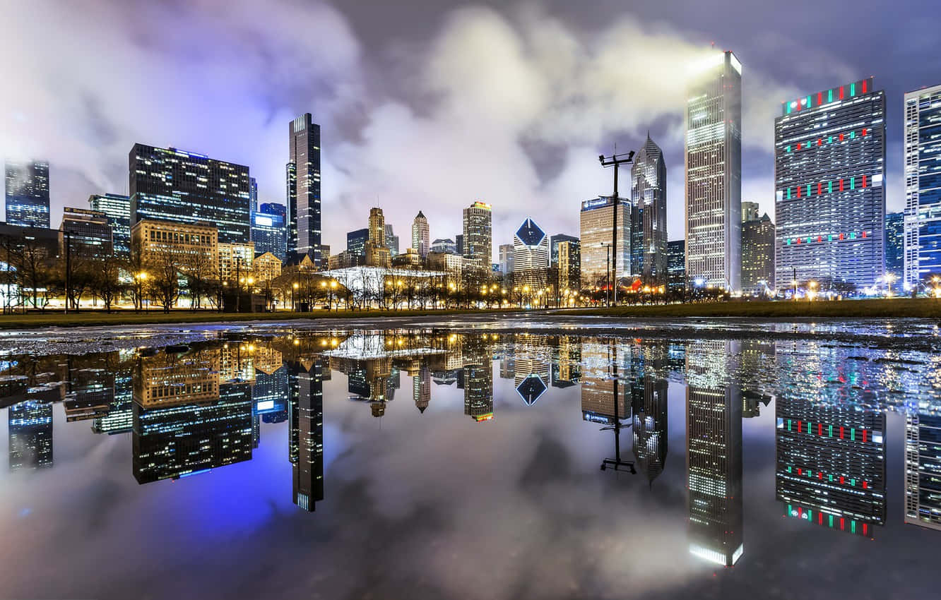 Chicago skyline, nighttime city skyline, illuminated skyscrapers, HD Desktop Wallpaper