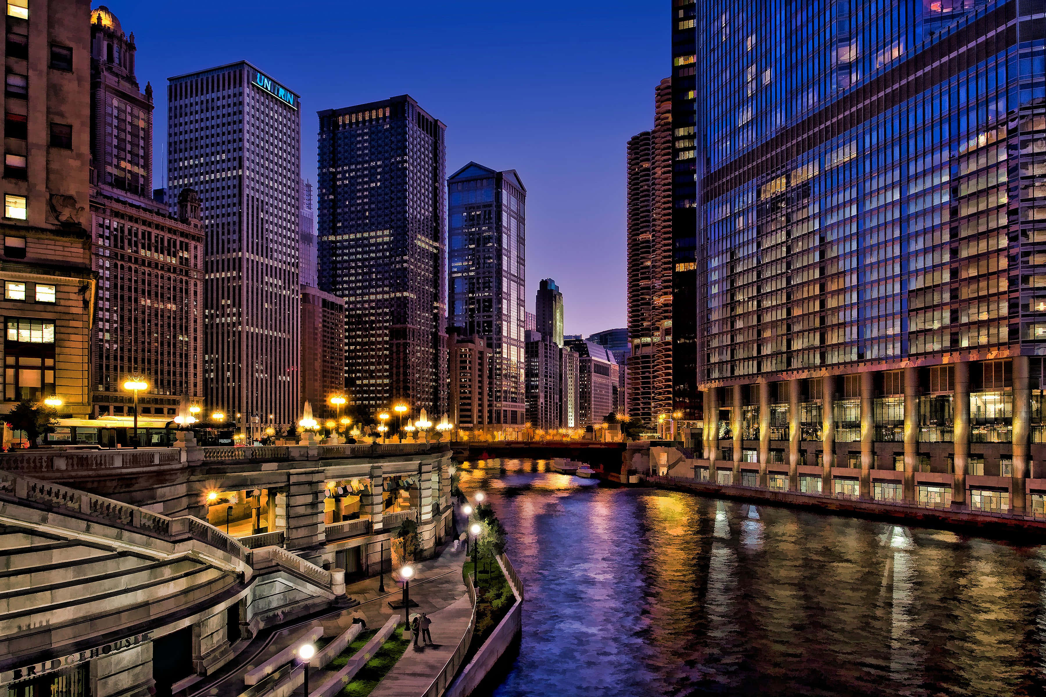 Chicago City Night, twilight cityscape, towering skyscrapers, 2K Desktop Wallpaper