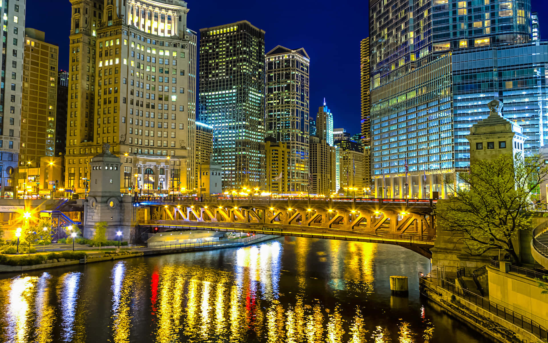 Chicago City Night, yellow lights, lit bridge, Full HD Desktop Wallpaper