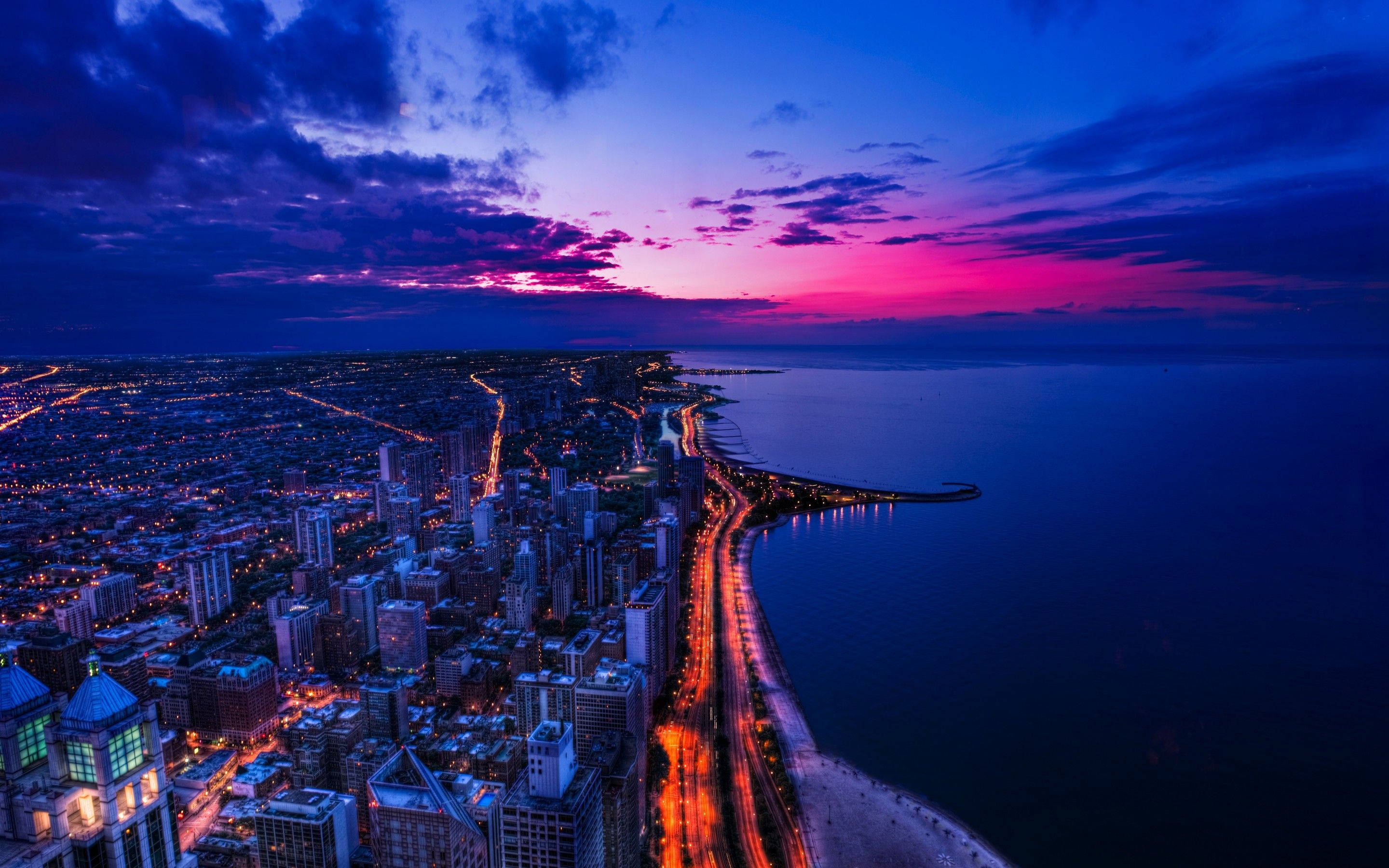 Chicago, sunset, vibrant purple, 2K Desktop Wallpaper