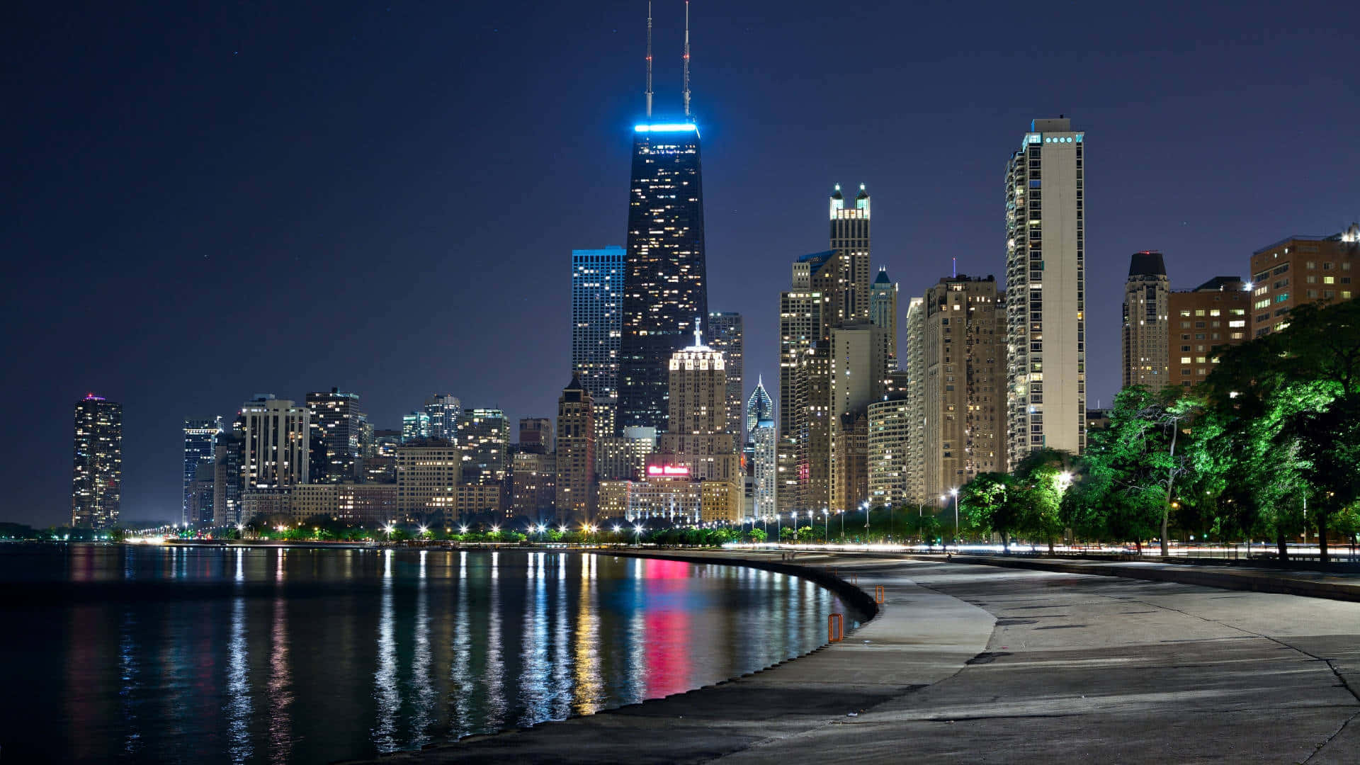 Chicago City Night, Chicago skyline, calm water, Full HD Desktop Wallpaper