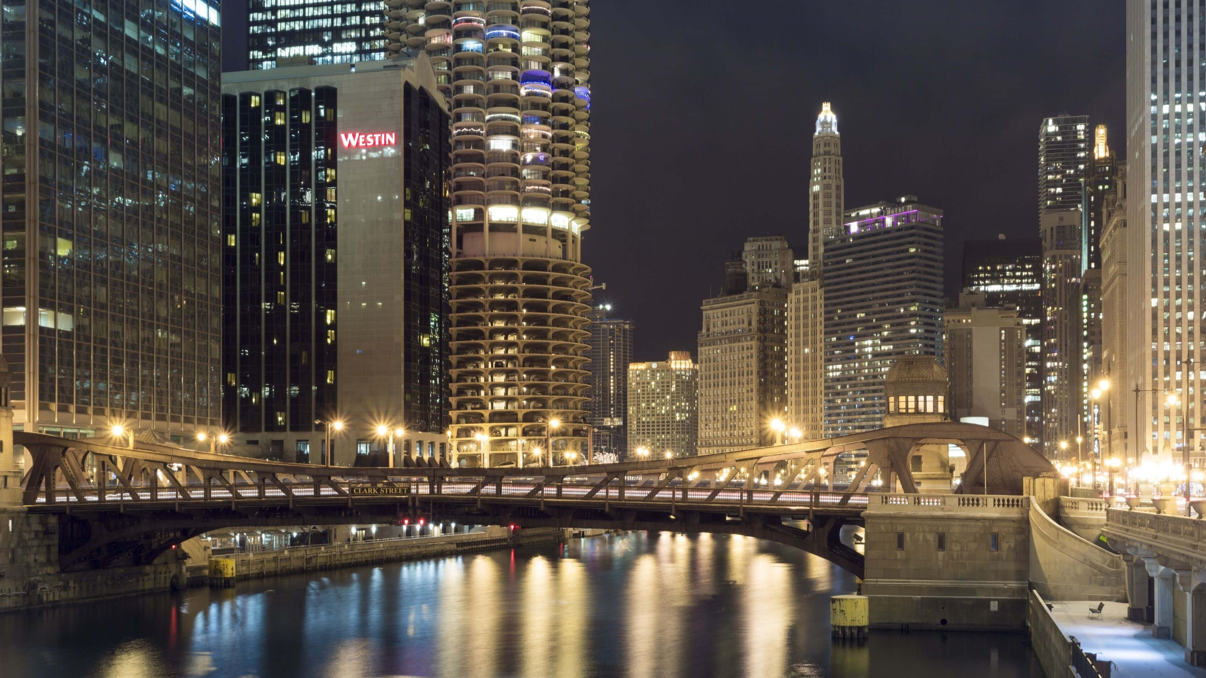 Chicago River, nighttime cityscape, lit bridge, 4K Desktop Wallpaper