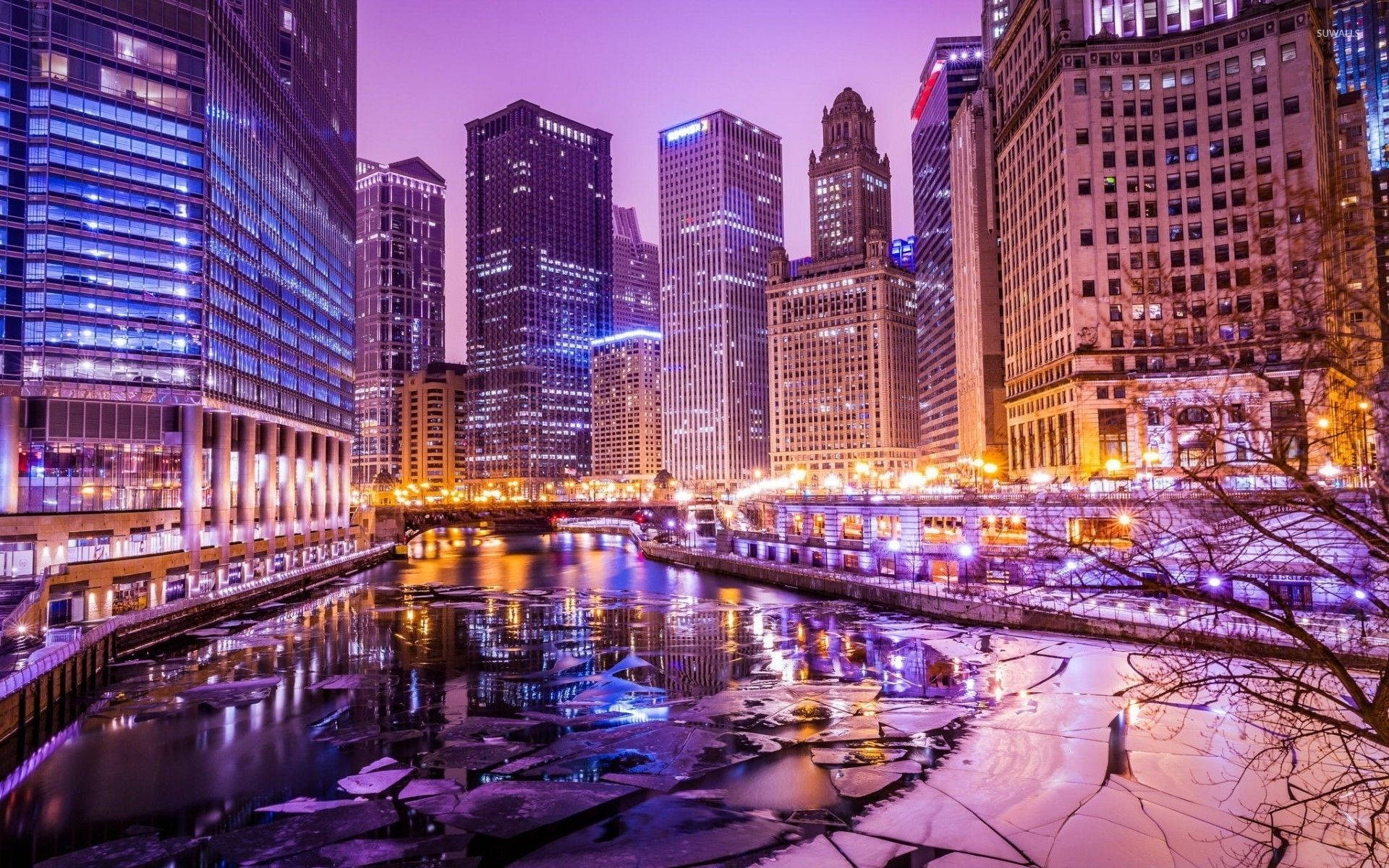 Chicago City, purple lights, twilight, Full HD Desktop Wallpaper