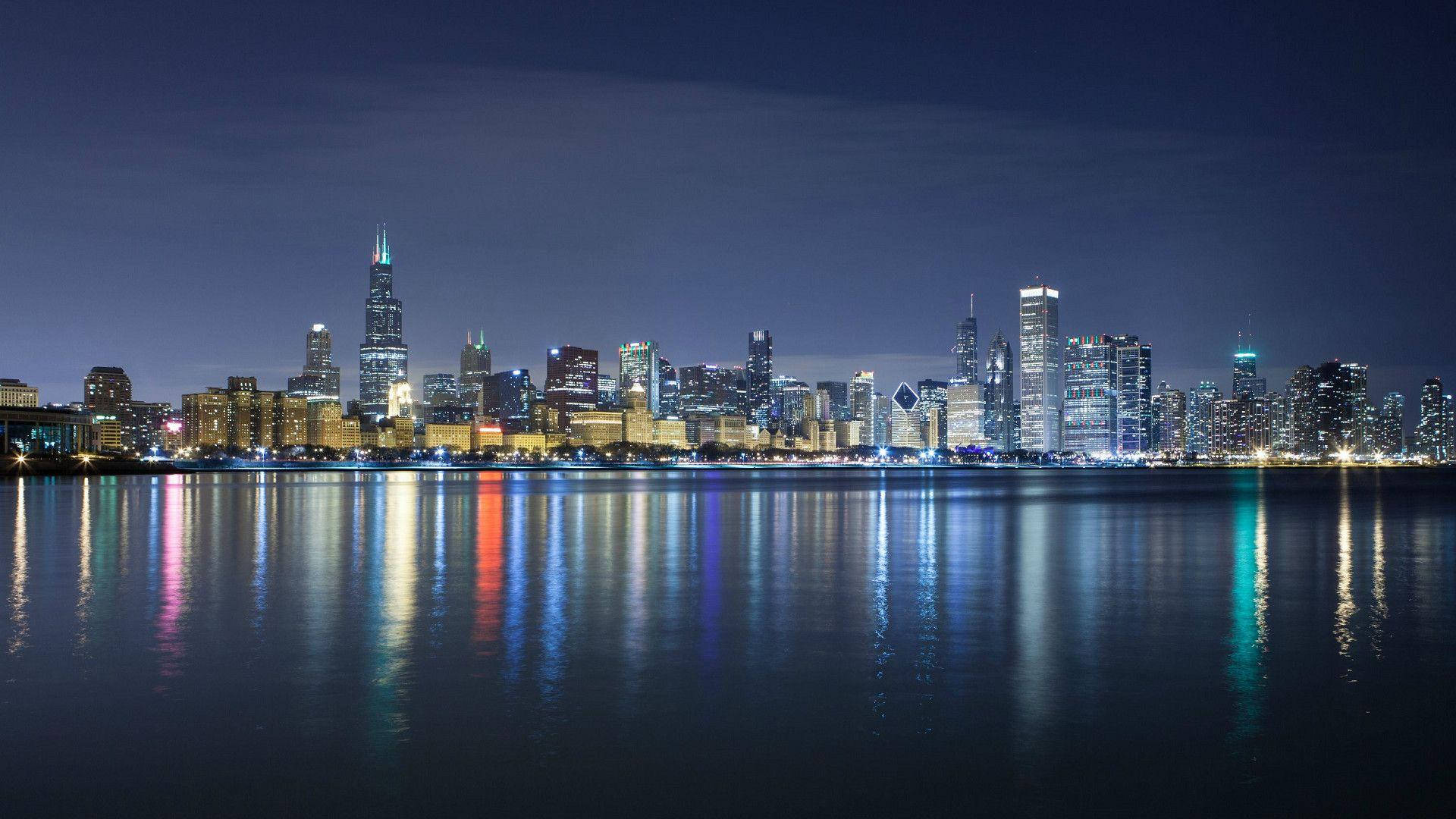 Chicago Skyline, evening, illuminated skyscrapers, Full HD Desktop Wallpaper