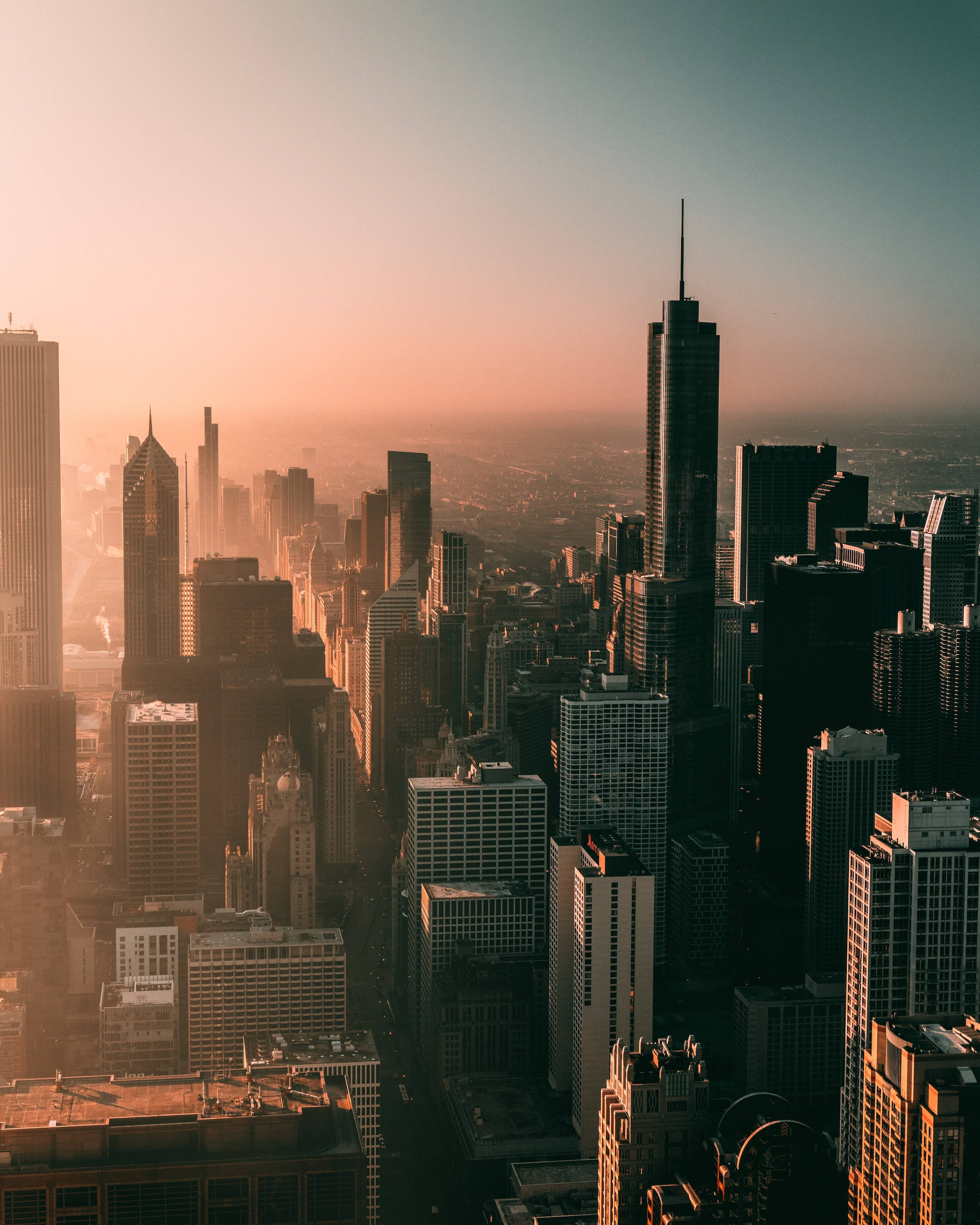 Chicago Skyline, aerial shot, golden sunset, 2K Phone Wallpaper