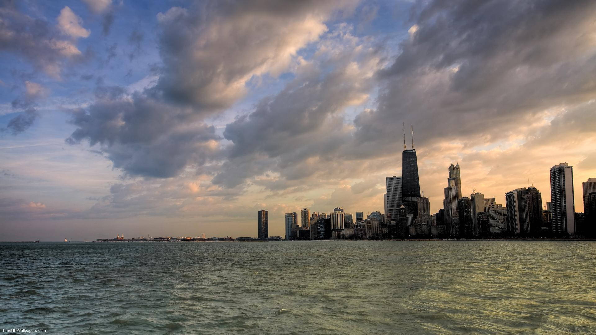 Chicago Skyline, sunset, dramatic clouds, Full HD Desktop Wallpaper