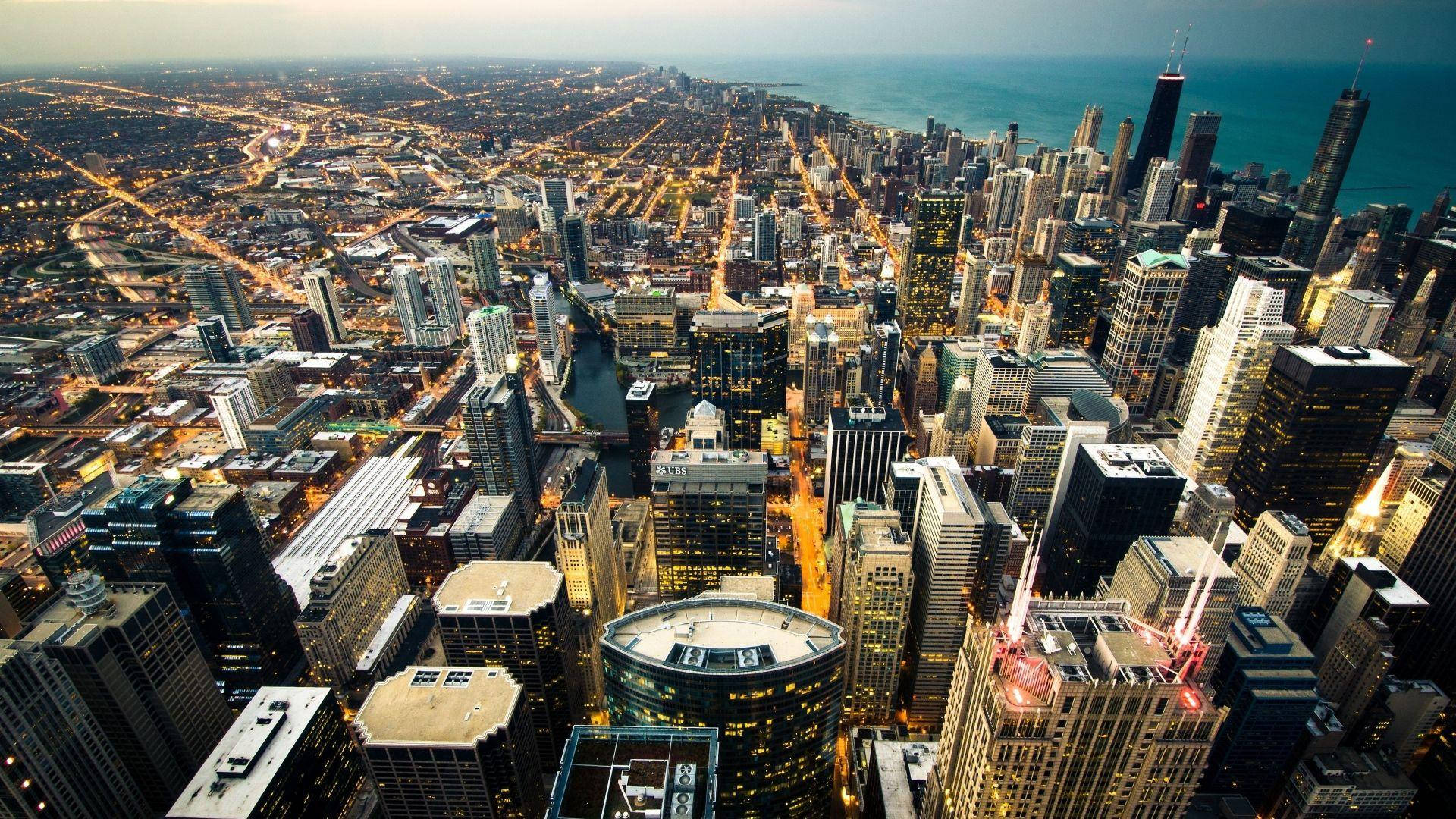 Chicago Skyline, top view angle, dusk, Full HD Desktop Wallpaper