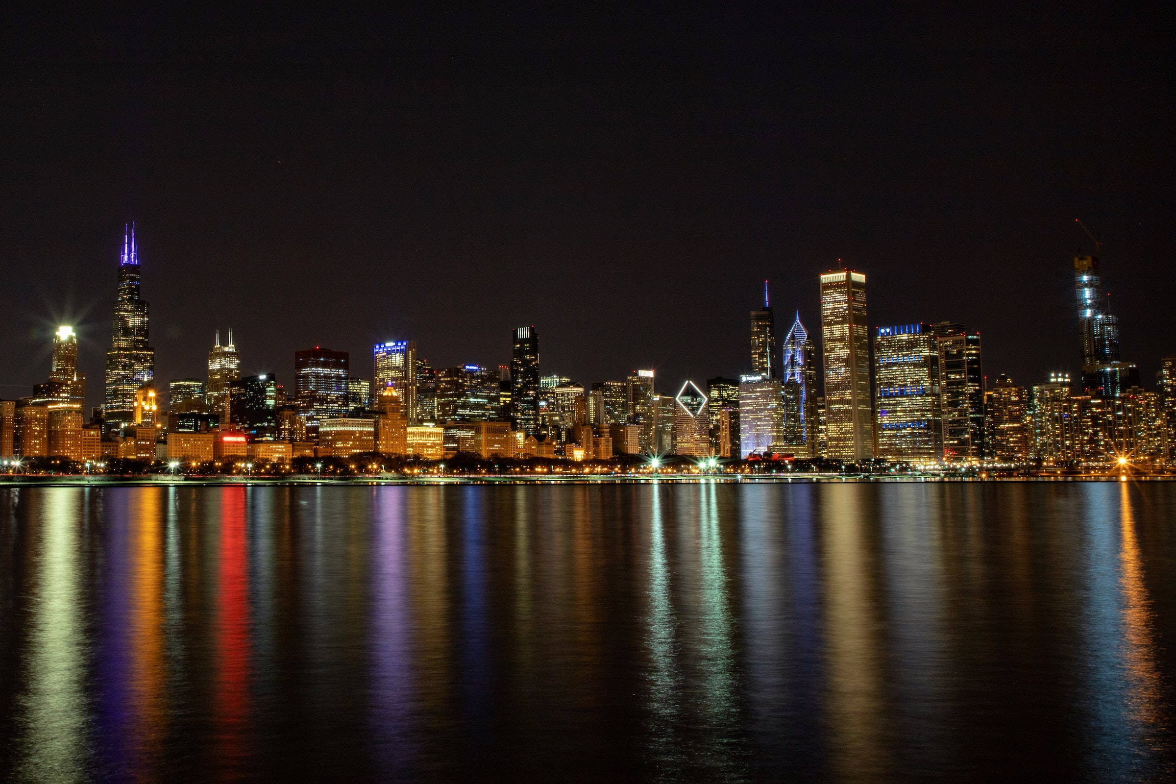 Chicago Skyline, midnight, vibrant lights, Full HD Desktop Wallpaper