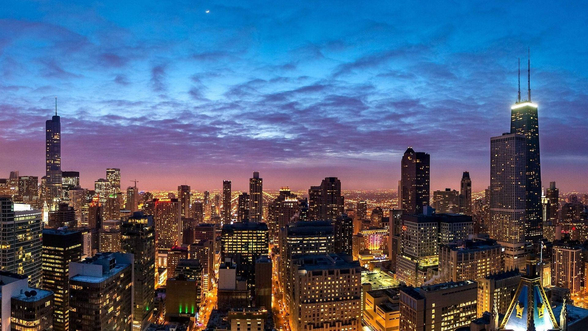 Chicago Skyline, sunset, twilight, Full HD Desktop Wallpaper