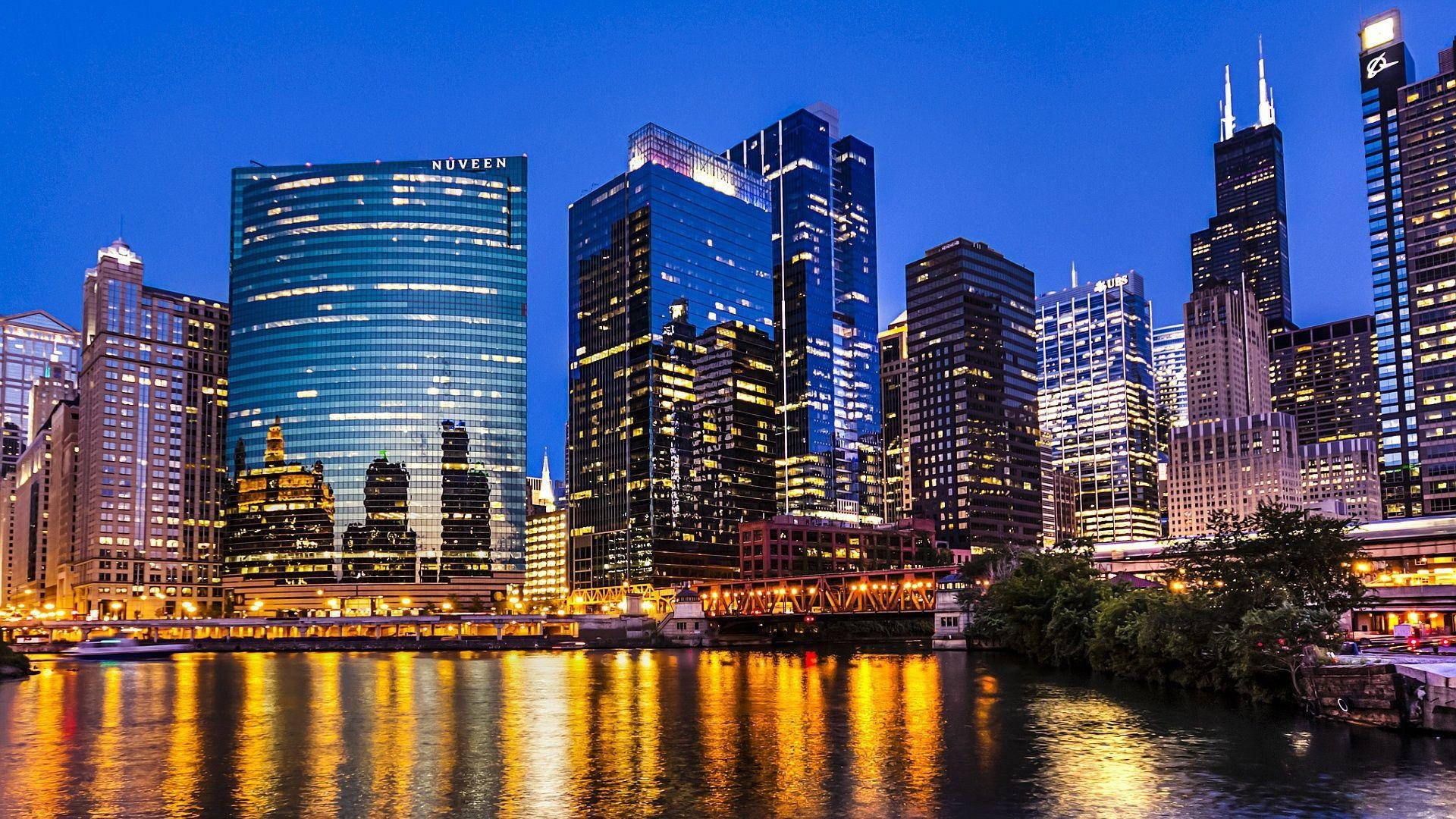 Chicago skyline, dusk, river, Full HD Desktop Wallpaper