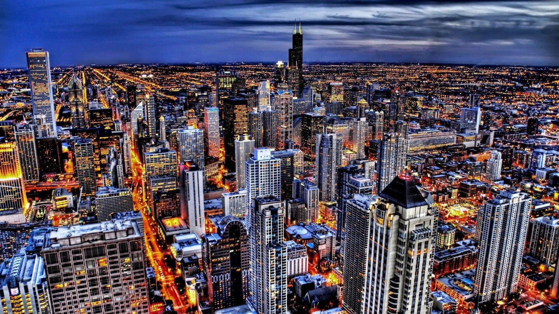 Chicago Skyline, night, aerial perspective, Full HD Desktop Wallpaper