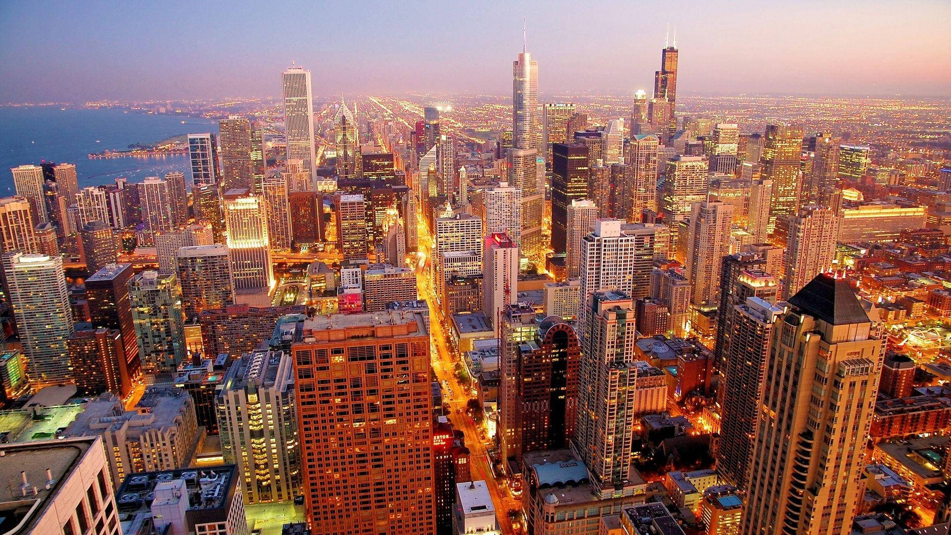 Chicago Skyline, dawn, top angle view, Full HD Desktop Wallpaper