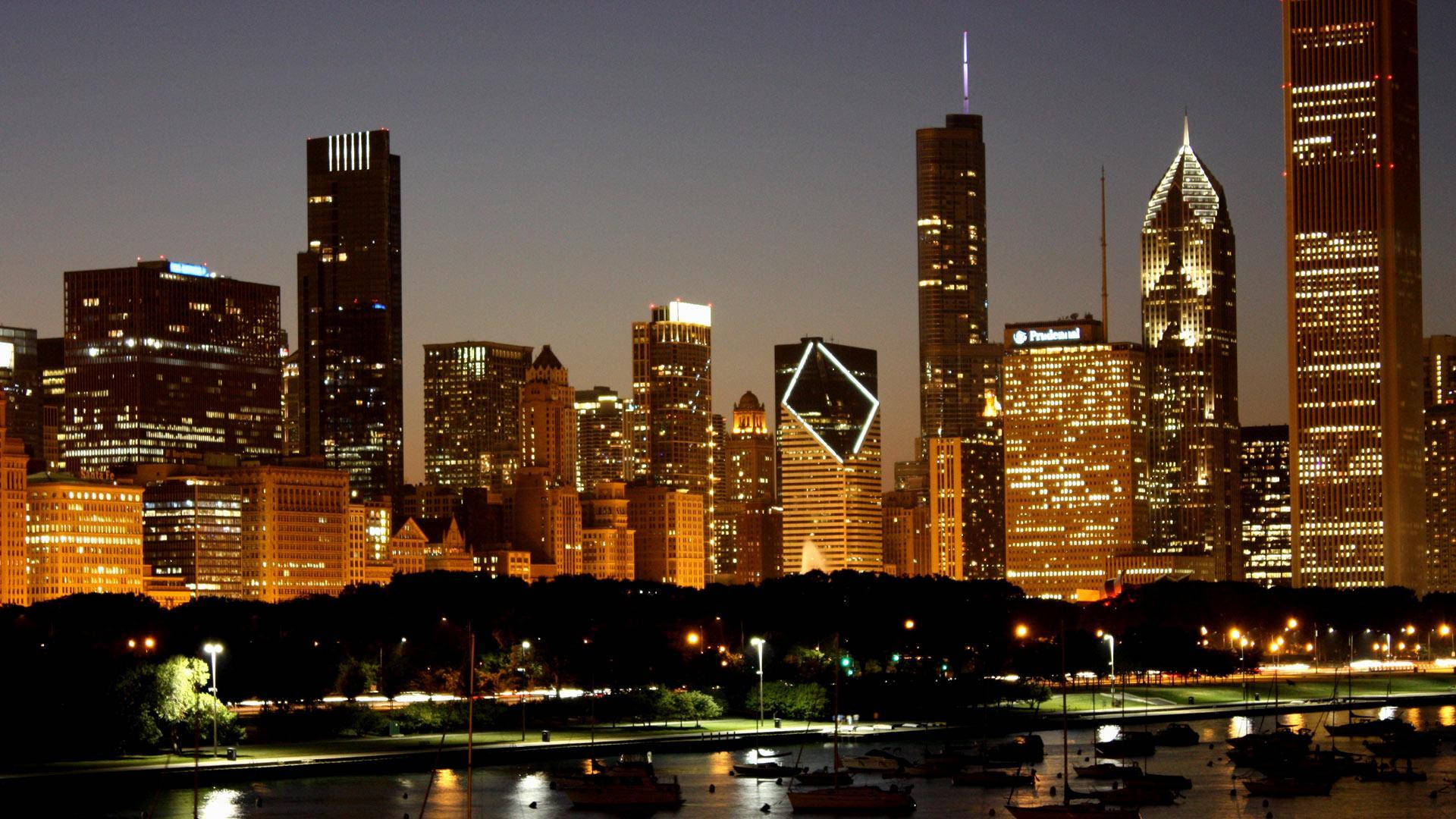 Chicago Skyline, skyscrapers, sunset, Full HD Desktop Wallpaper