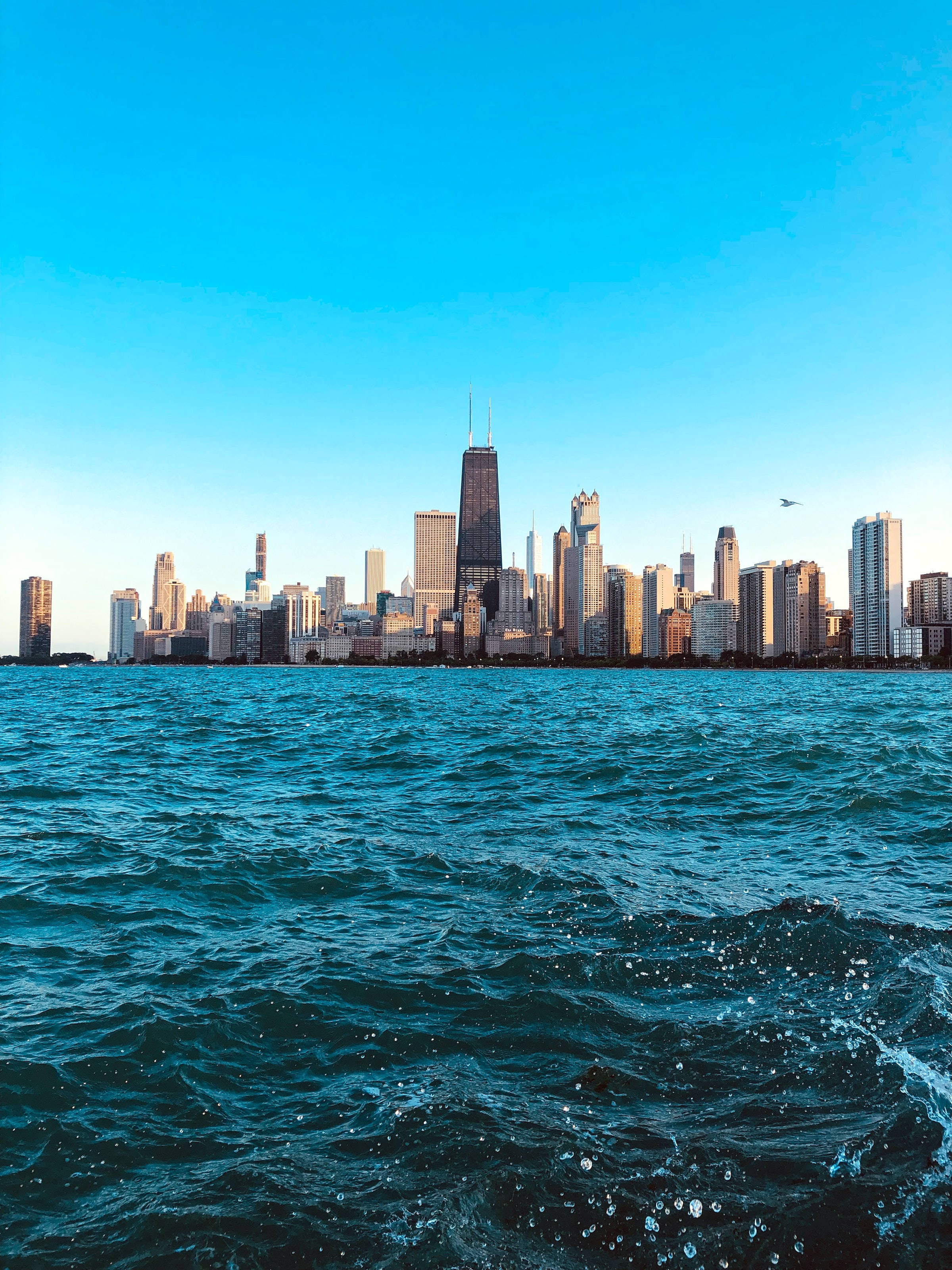 Chicago Skyline, blue lake, azure sky, 2K Phone Wallpaper