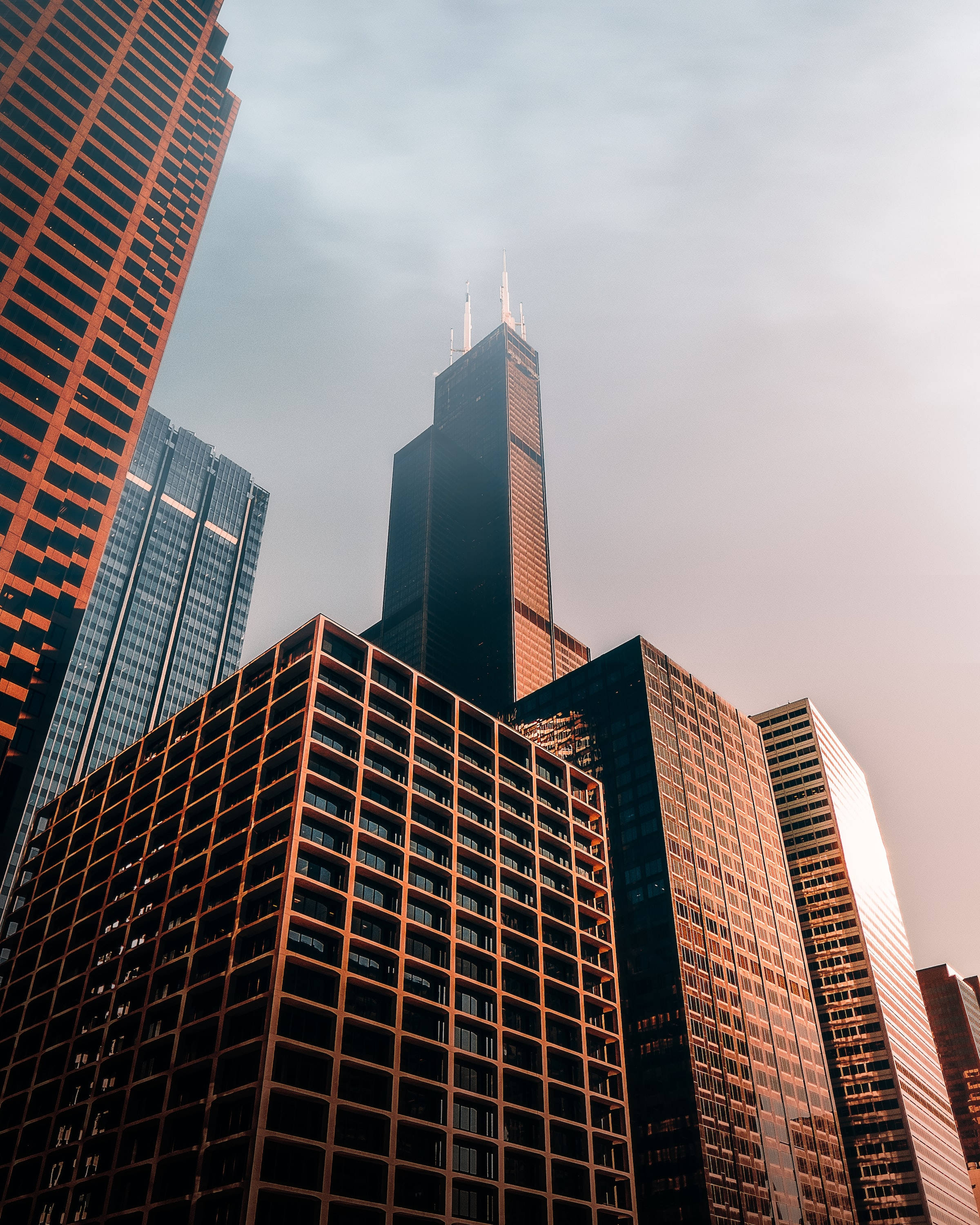Chicago Skyline, towering skyscrapers, hazy sky, 2K Phone Wallpaper