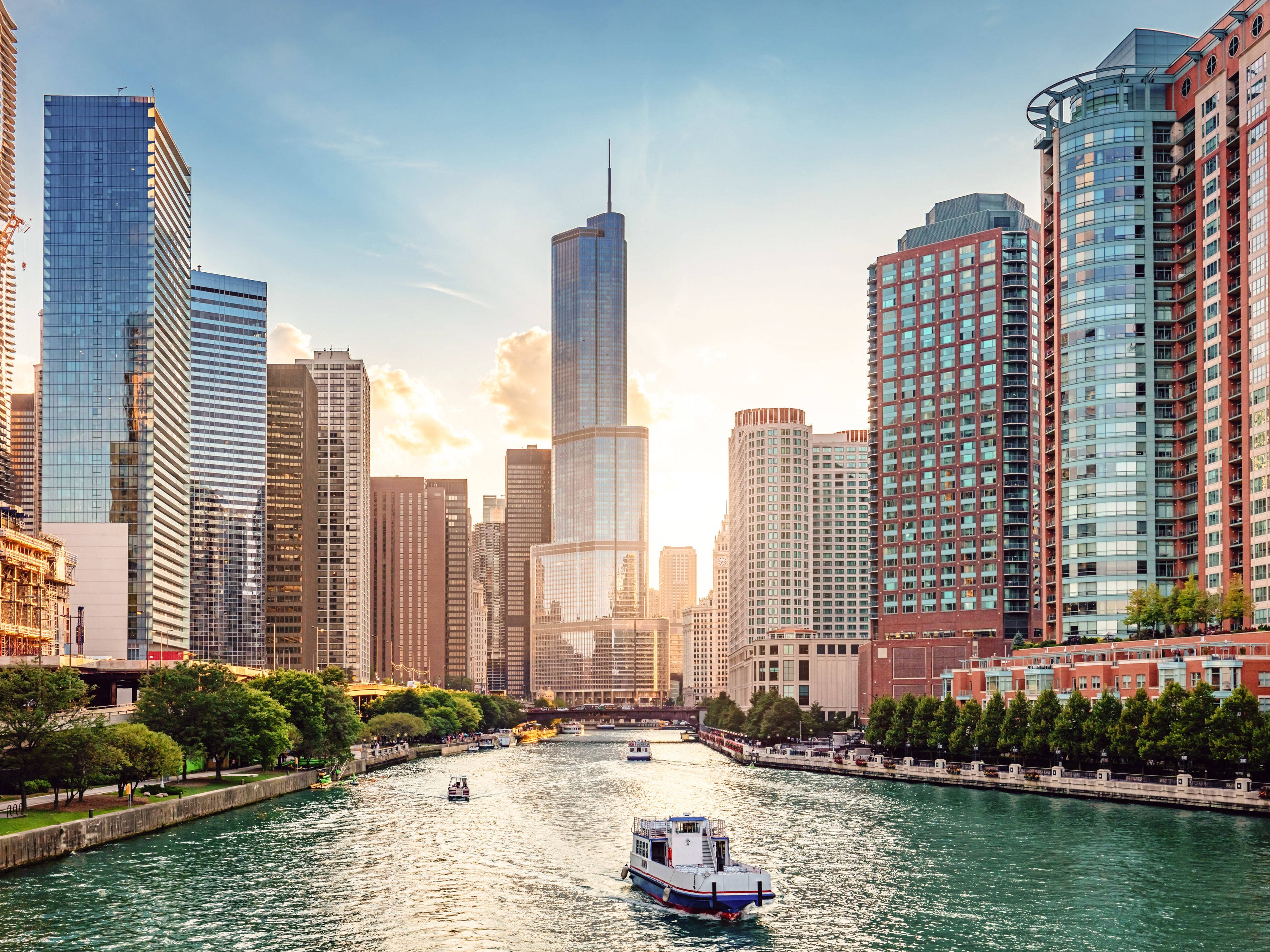 Chicago River, Chicago skyline, Sunset, 2K Desktop Wallpaper