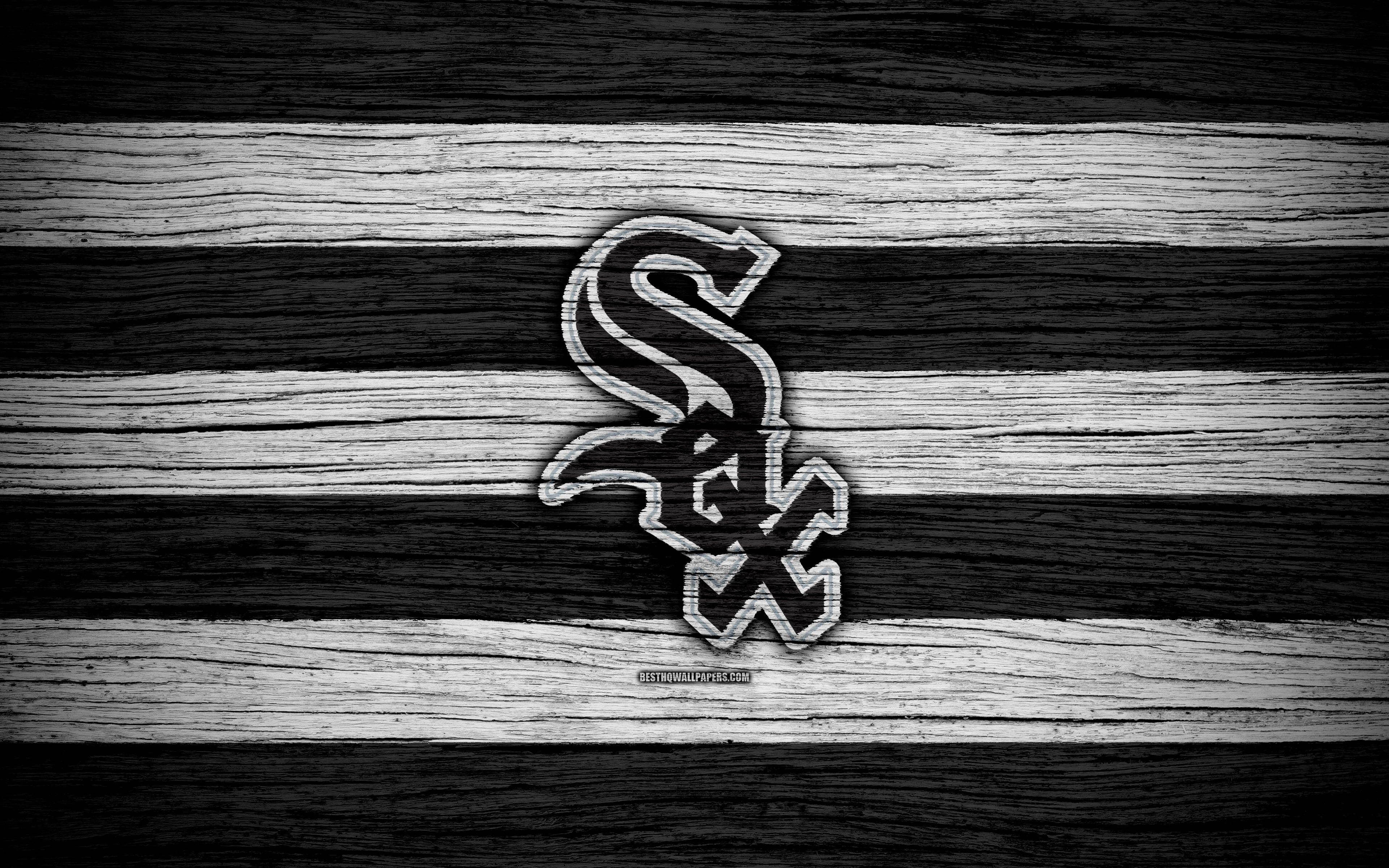 Chicago White Sox, black and white, wooden planks, 4K Desktop Wallpaper
