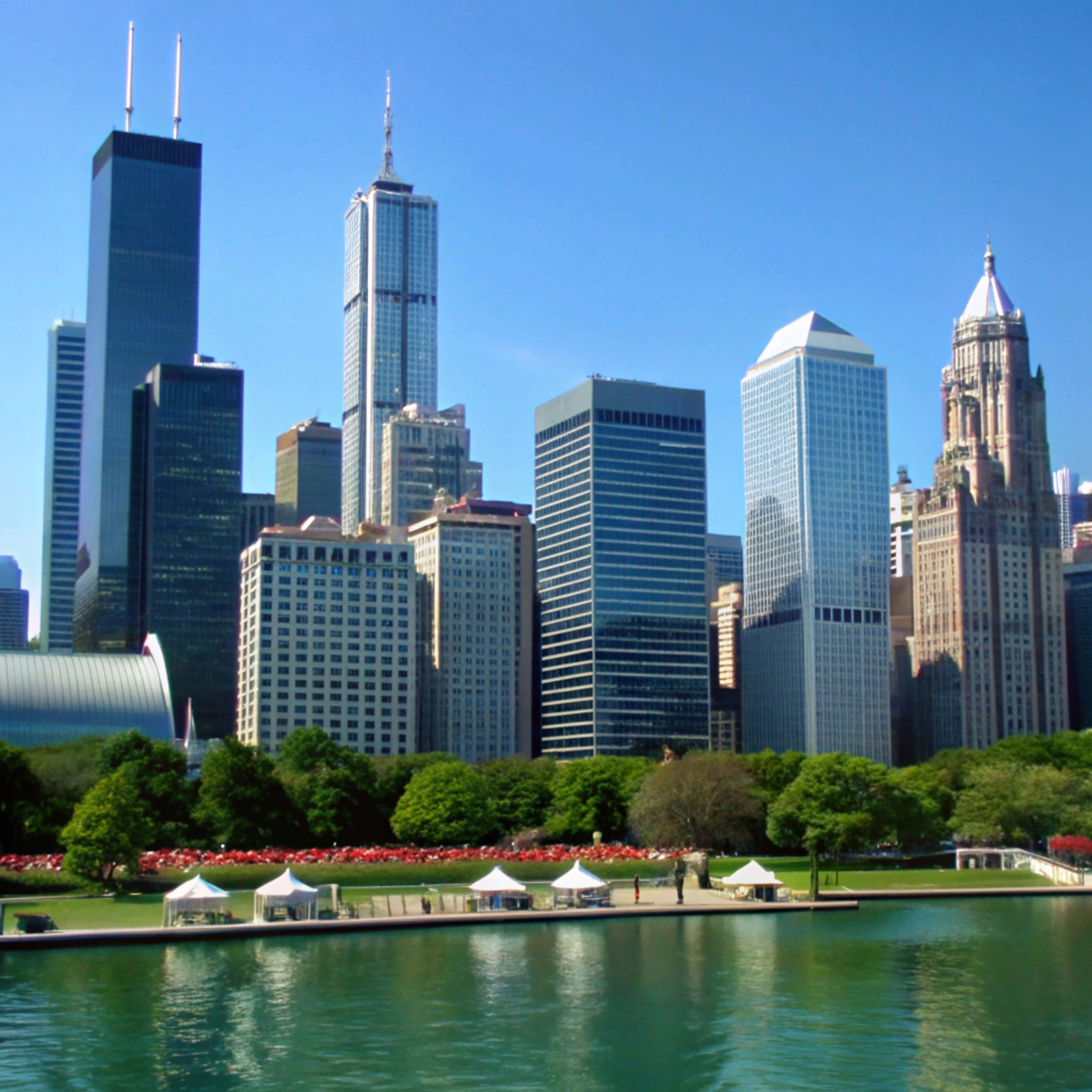 Chicago skyline, glass skyscrapers, green park, 8K Desktop Wallpaper