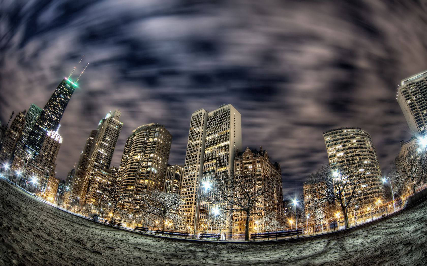 Chicago, fisheye view, illuminated skyscrapers, HD Desktop Wallpaper