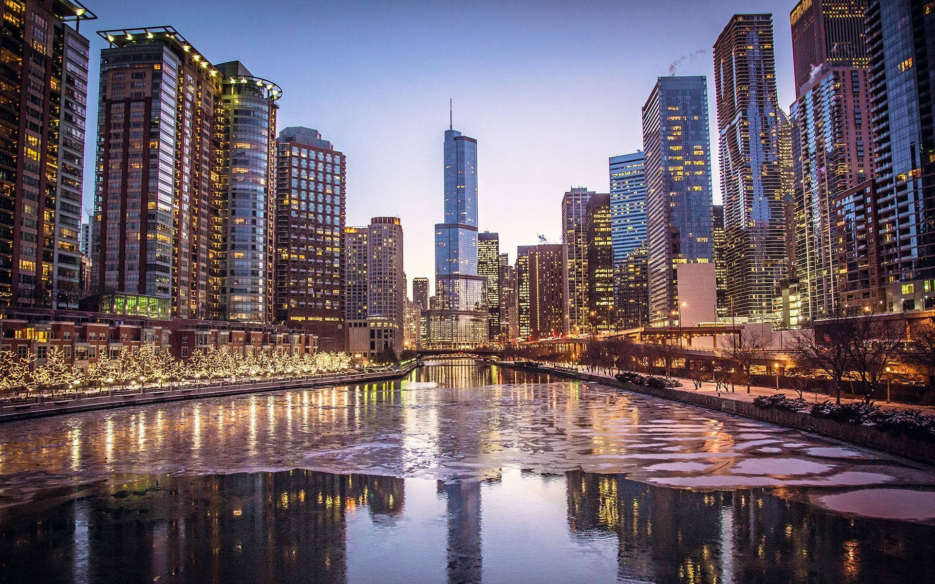 Chicago River, skyscrapers, dusk, Full HD Desktop Wallpaper