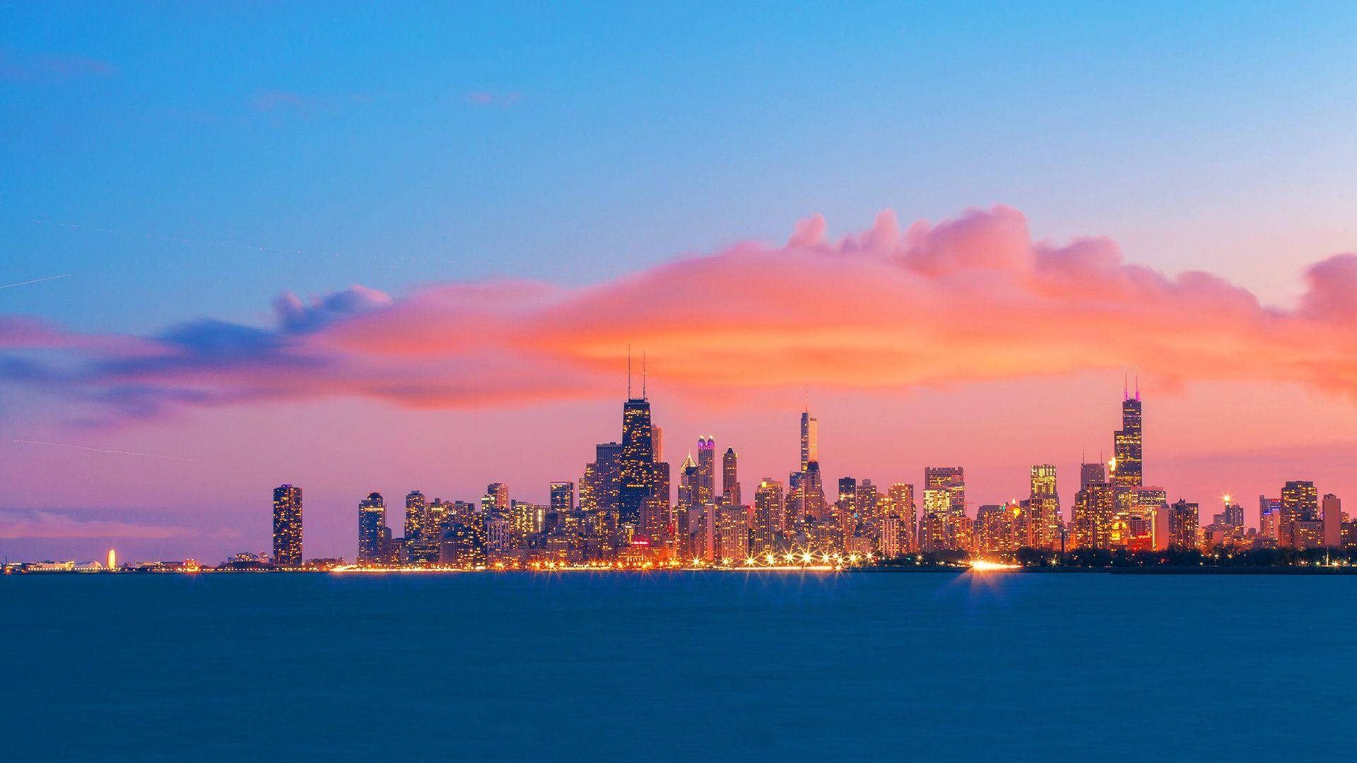 Chicago skyline, sunset, pink clouds, Full HD Desktop Wallpaper
