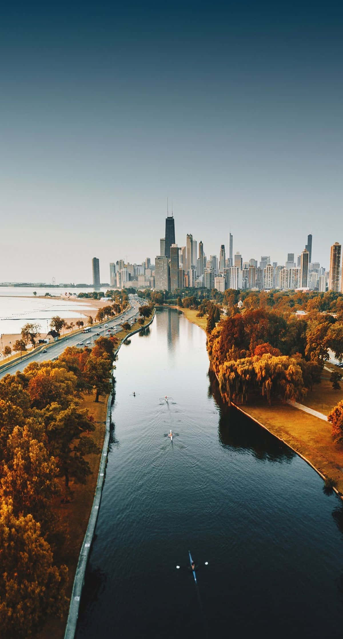 Chicago, autumn trees, river, Full HD Phone Wallpaper