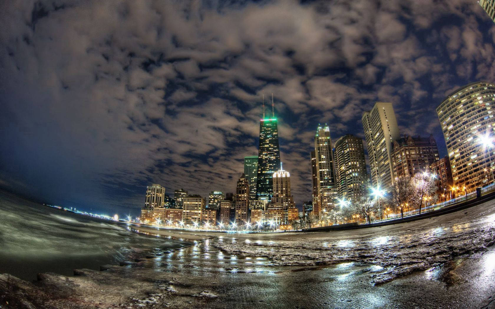 Chicago, fisheye view, illuminated skyline, HD Desktop Wallpaper
