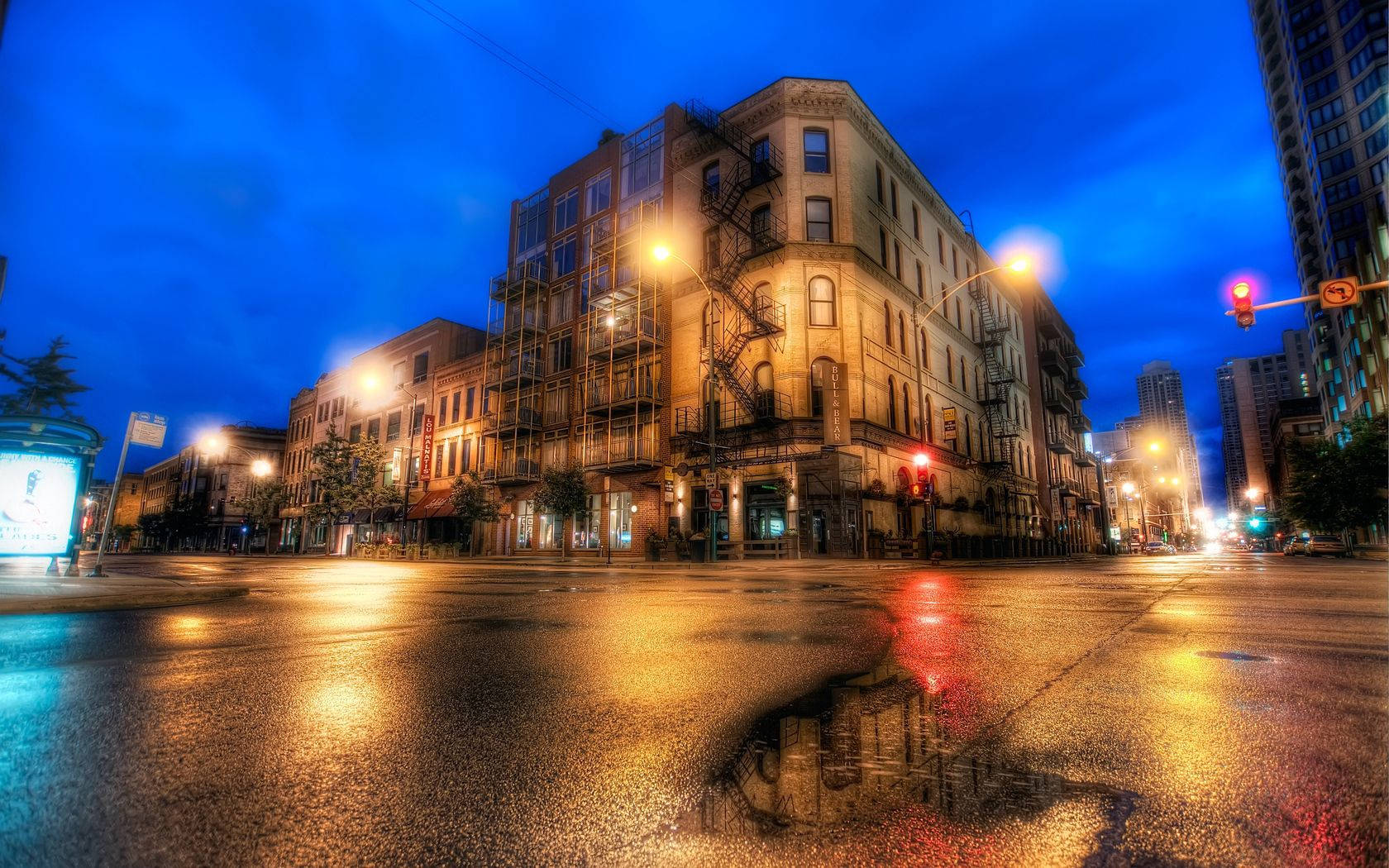 Chicago, wet city street, dusk, HD Desktop Wallpaper
