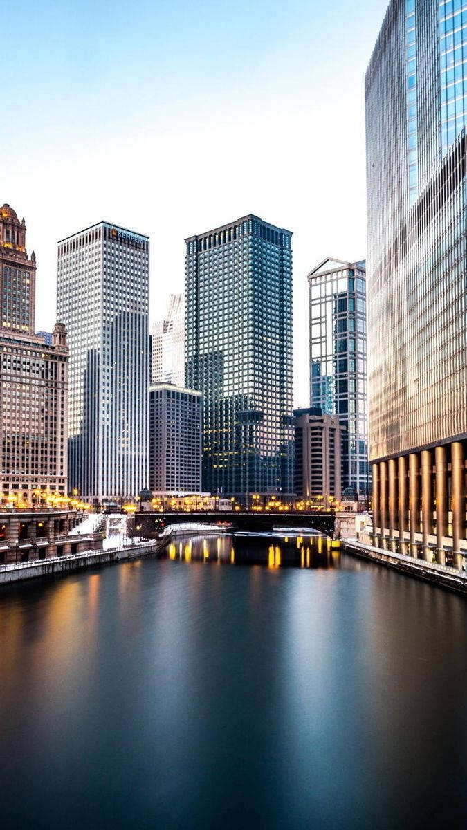 Chicago River, skyscrapers, golden lights, SD Phone Wallpaper