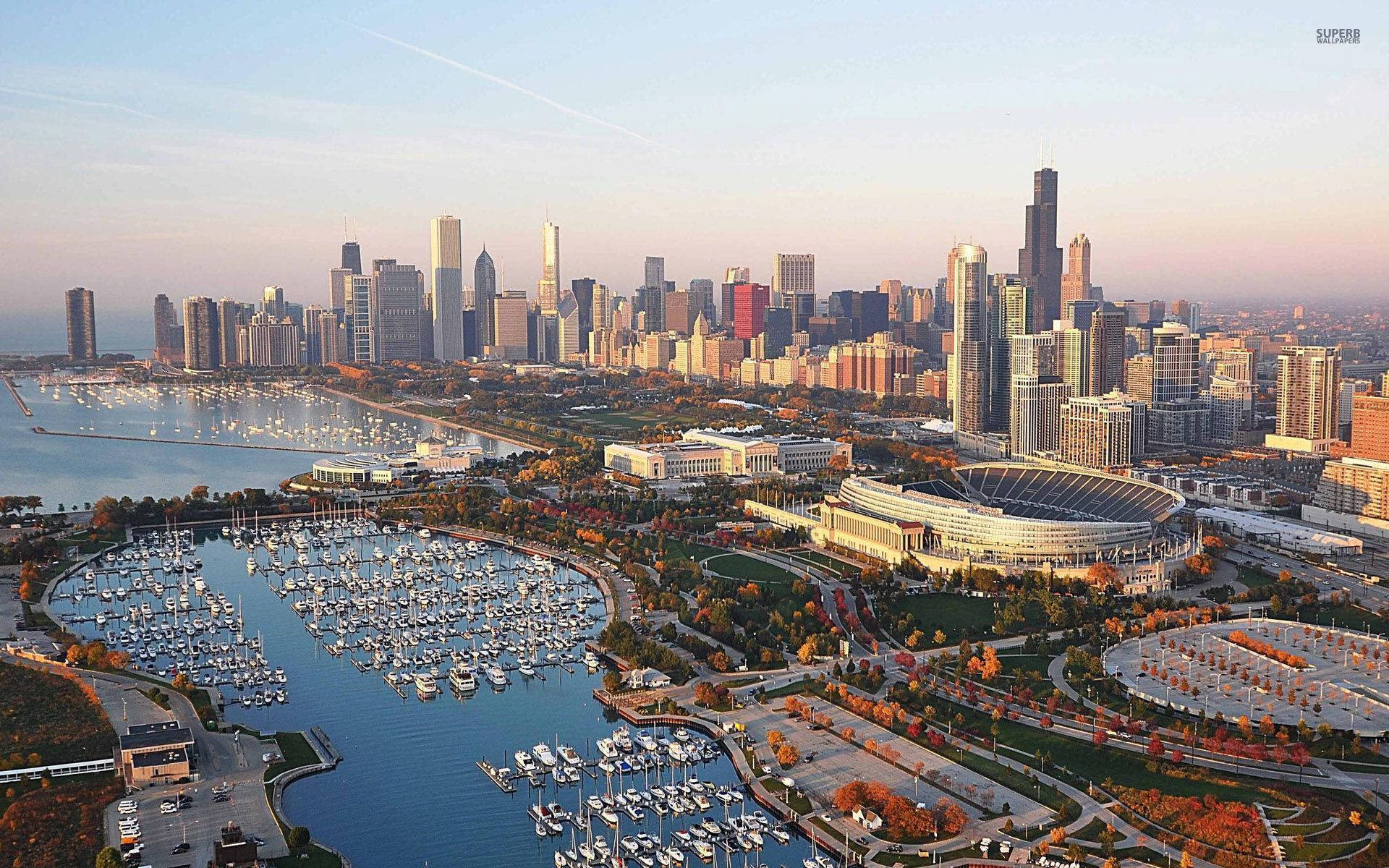 Chicago skyline, golden hour, marina, Full HD Desktop Wallpaper
