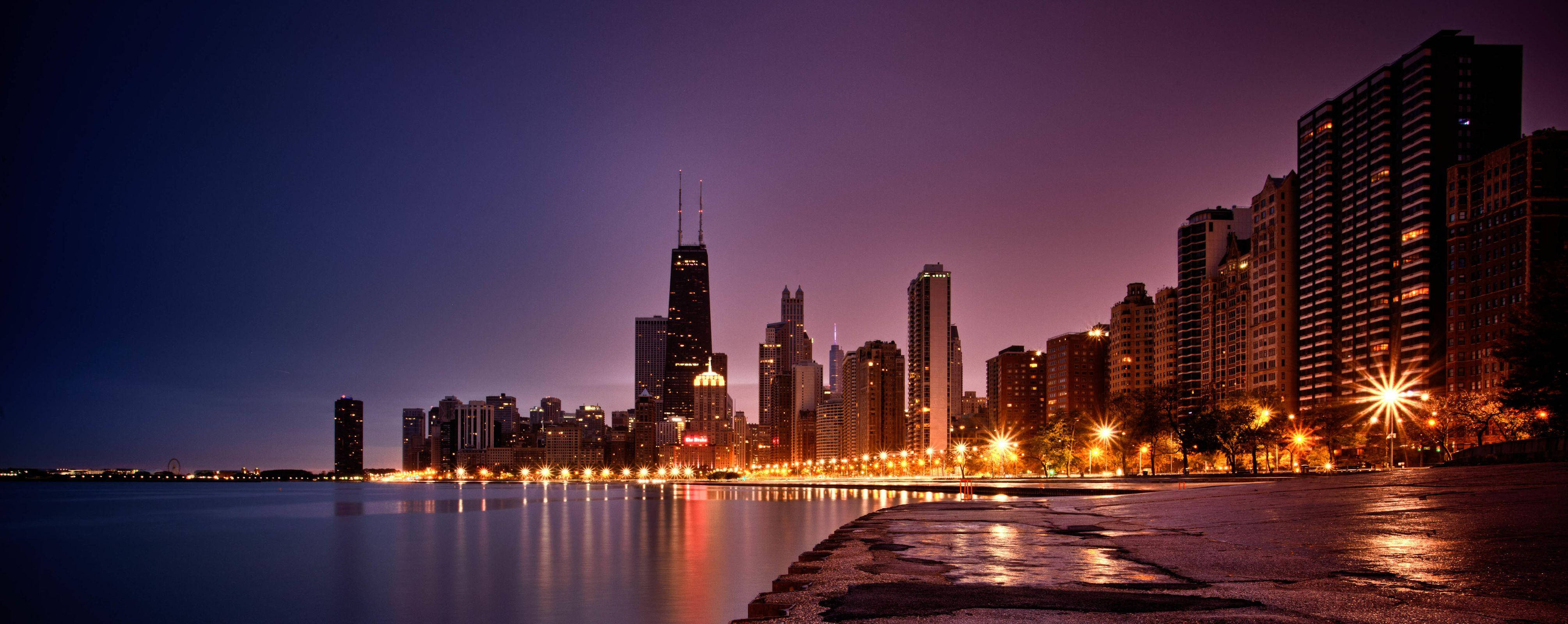 Chicago skyline, twilight, purple sky, 4K Desktop Wallpaper