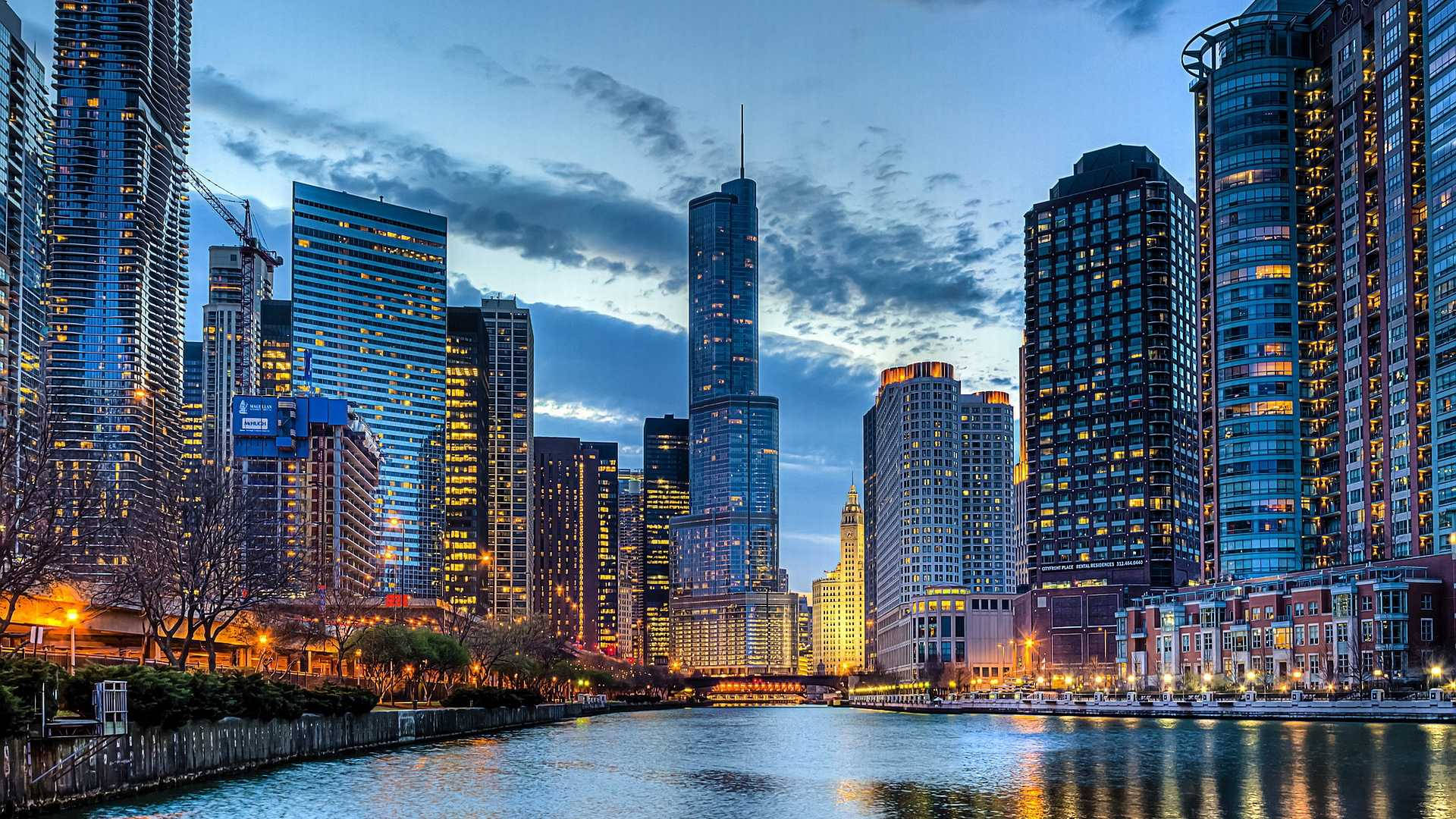 Chicago River, Chicago skyline, dusk, Full HD Desktop Wallpaper
