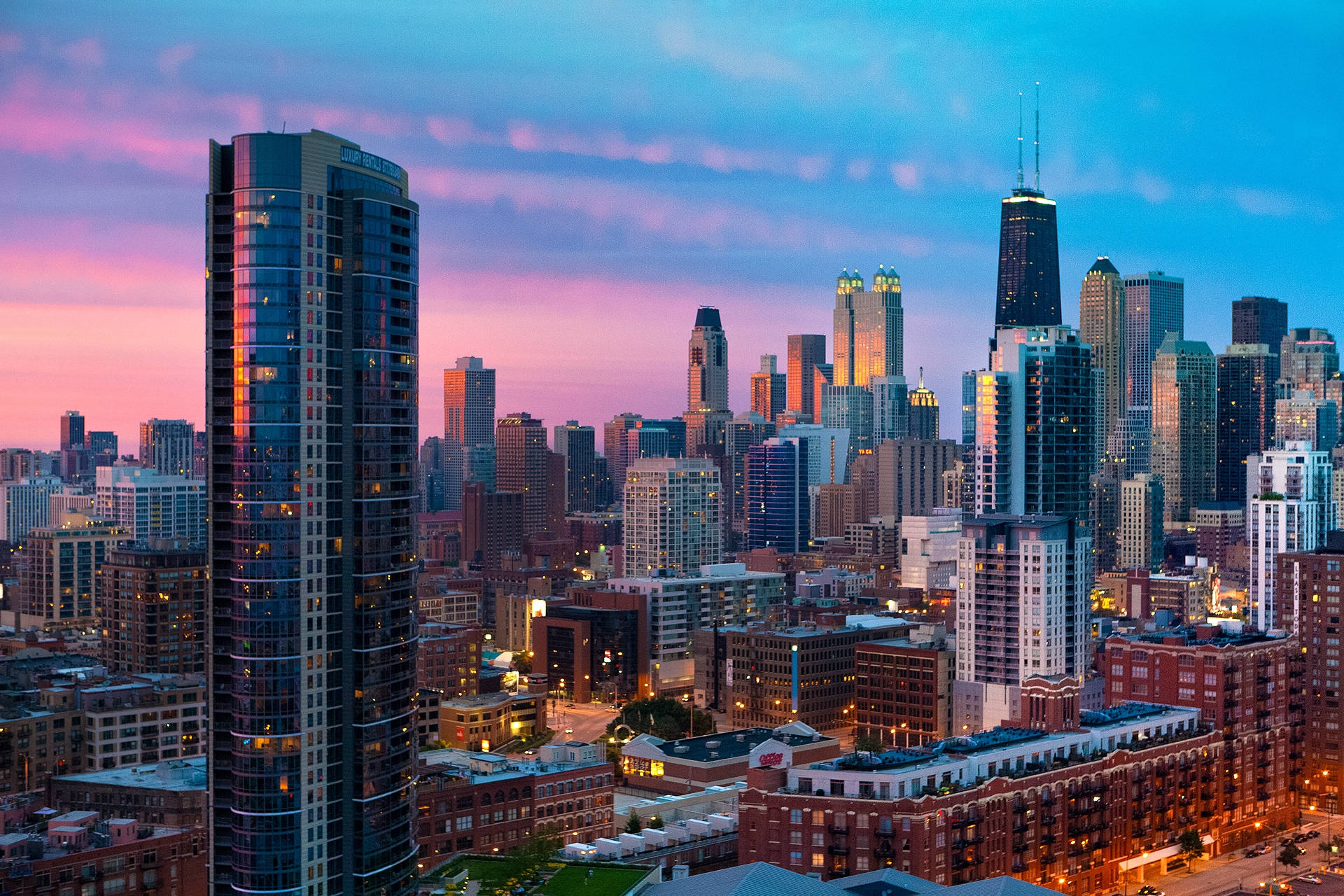 Chicago, sunset, skyscrapers, Full HD Desktop Wallpaper