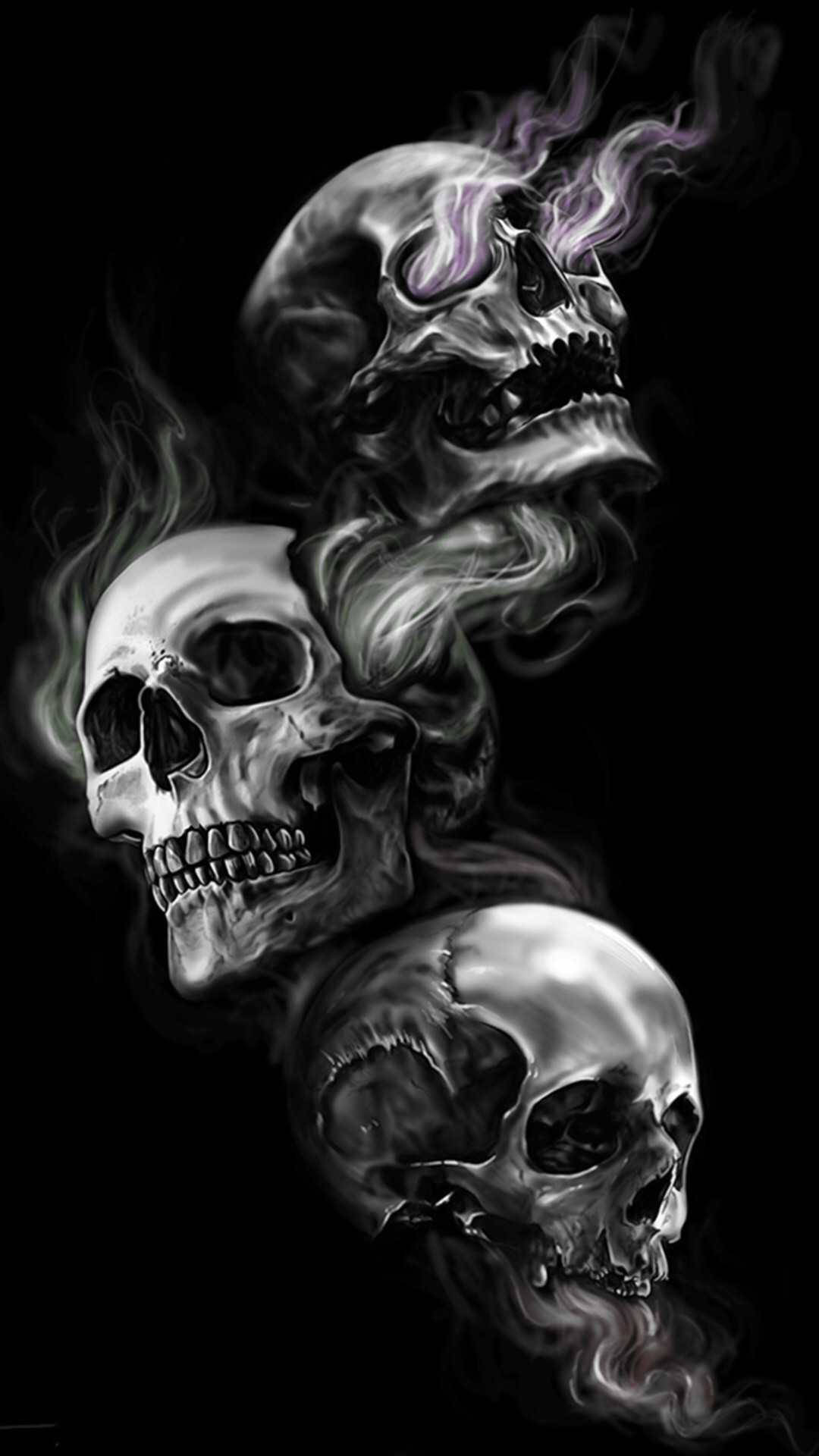 Chicano style skull art, black background, swirling smoke, Full HD Phone Wallpaper